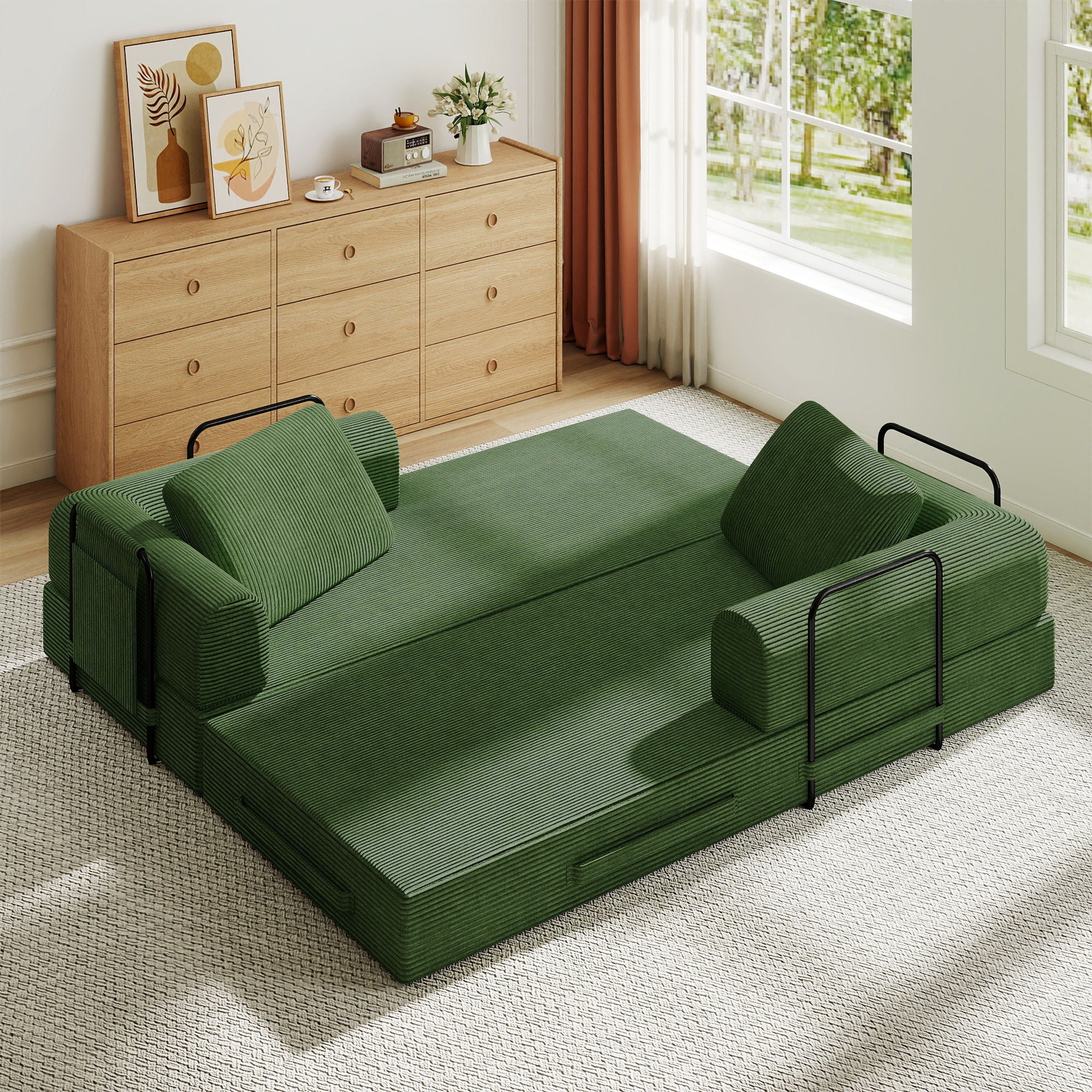 Convertible Sleeper Sofa Bed With Cylindrical Pillow, Fixed Shape Frame - Image 34