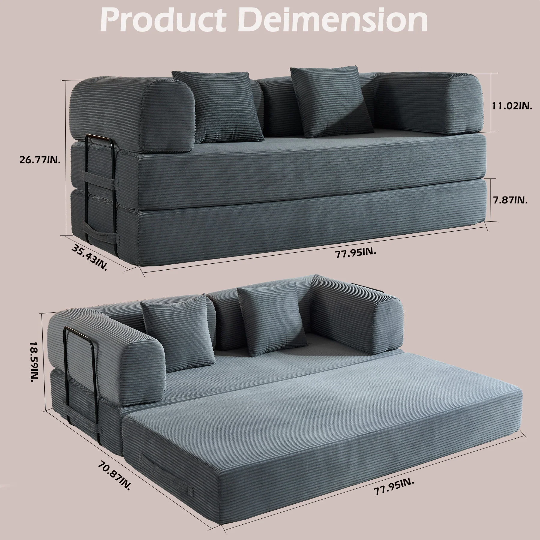 Convertible Sleeper Sofa Bed With Cylindrical Pillow, With Fixed Shape Frame - Image 15