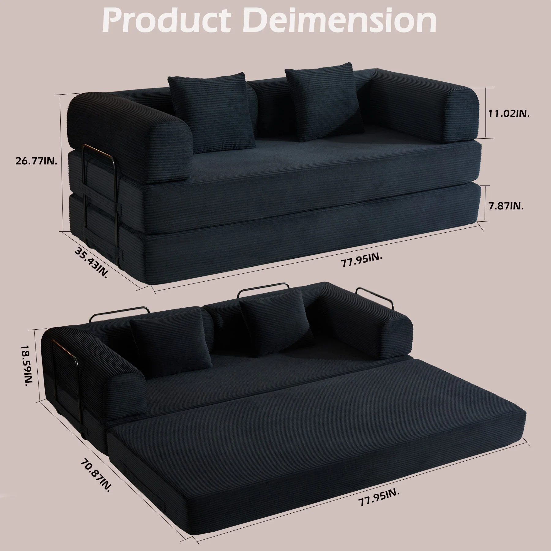 Convertible Sleeper Sofa Bed With Cylindrical Pillow, With Fixed Shape Frame - Image 22