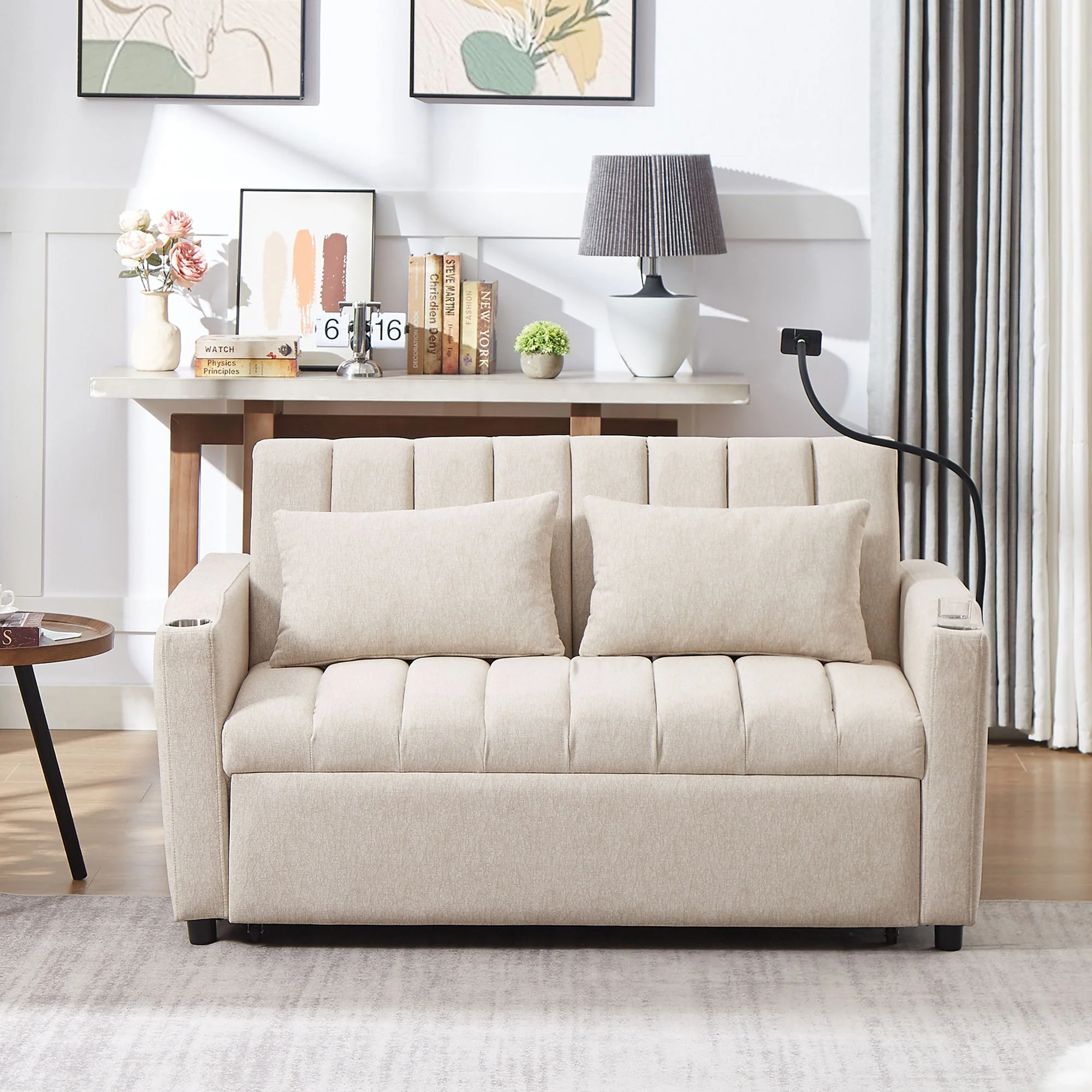Convertible Sofa Bed Loveseat Sofa With Three USB Ports, Two Side Pockets, Two Cup Holders And 360° swivel Phone Holder For Living Room - Image 14
