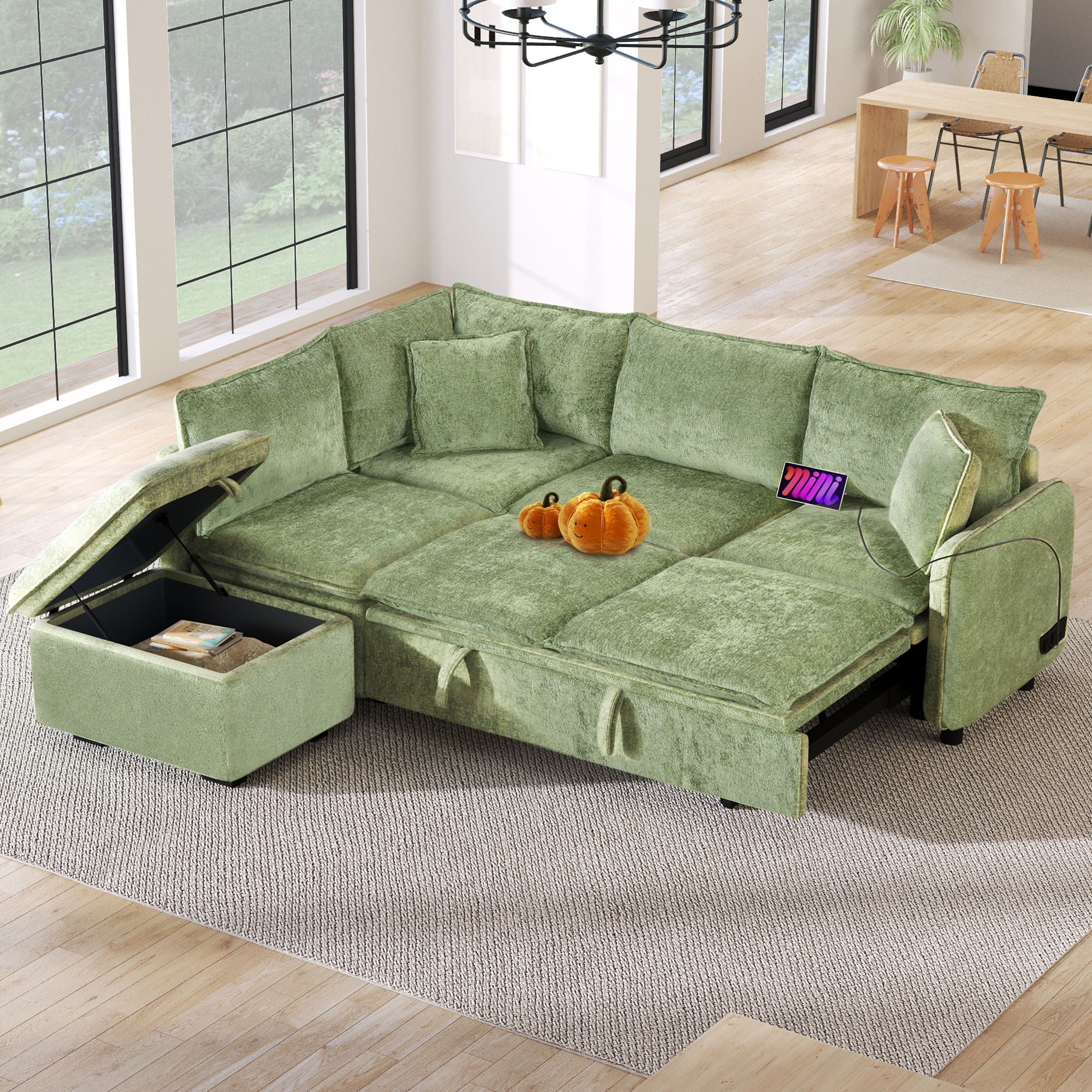 Convertible Sofa Bed Sectional Sofa Sleeper L-Shaped Sofa With A Storage Ottoman, Two Pillows, Two Power Sockets And Two USB Ports For Living Room - Image 3