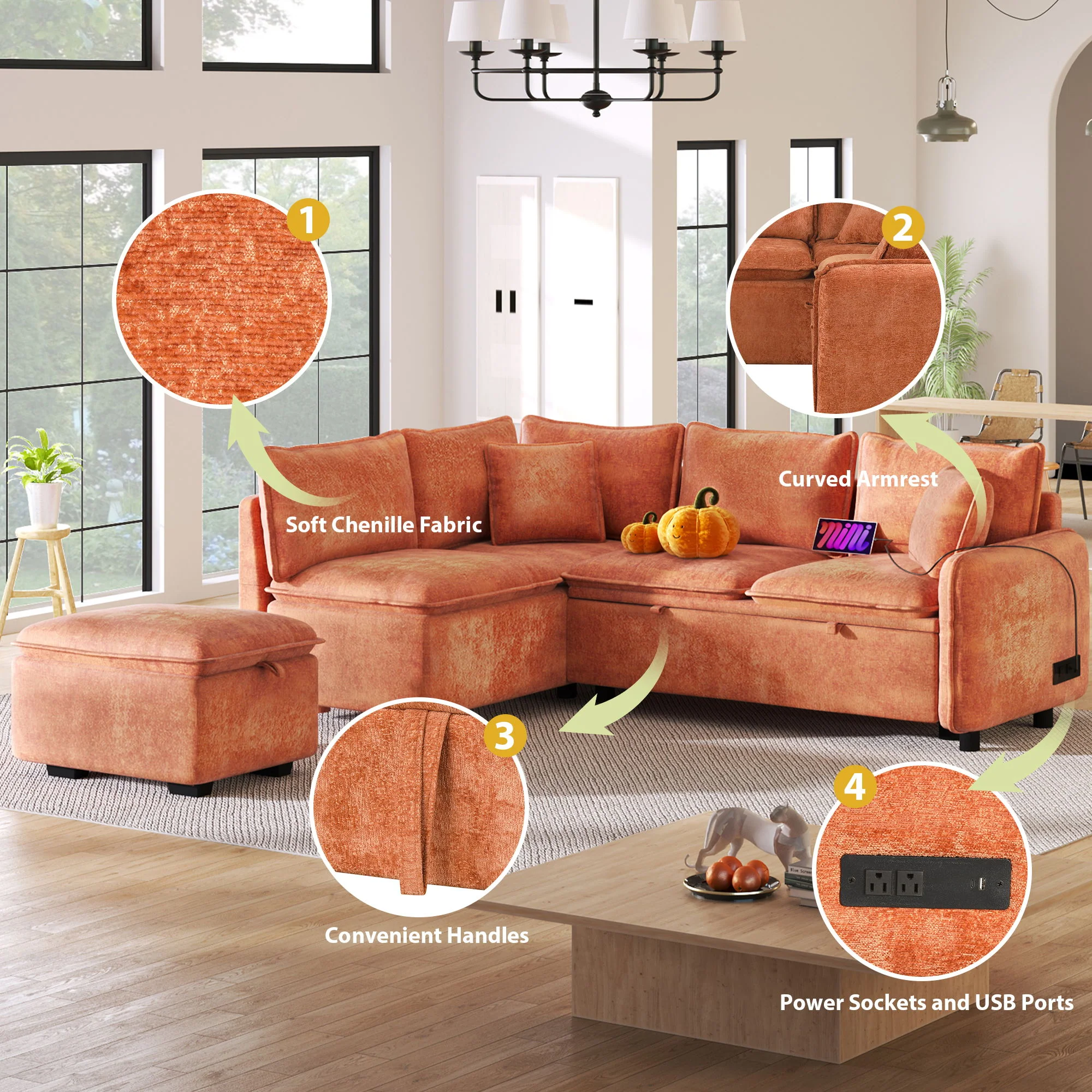 Convertible Sofa Bed Sectional Sofa Sleeper L-Shaped Sofa With A Storage Ottoman, Two Pillows, Two Power Sockets And Two USB Ports For Living Room - Image 4