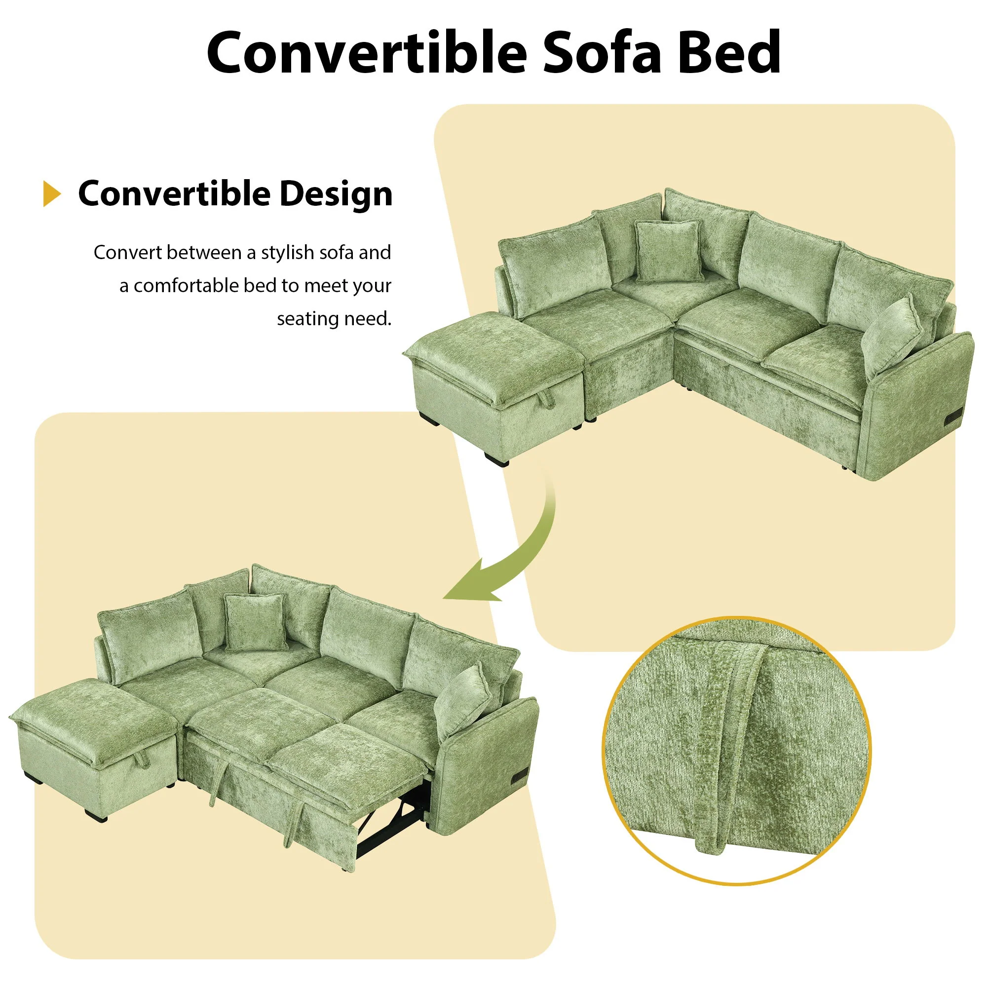 Convertible Sofa Bed Sectional Sofa Sleeper L-Shaped Sofa With A Storage Ottoman, Two Pillows, Two Power Sockets And Two USB Ports For Living Room - Image 6