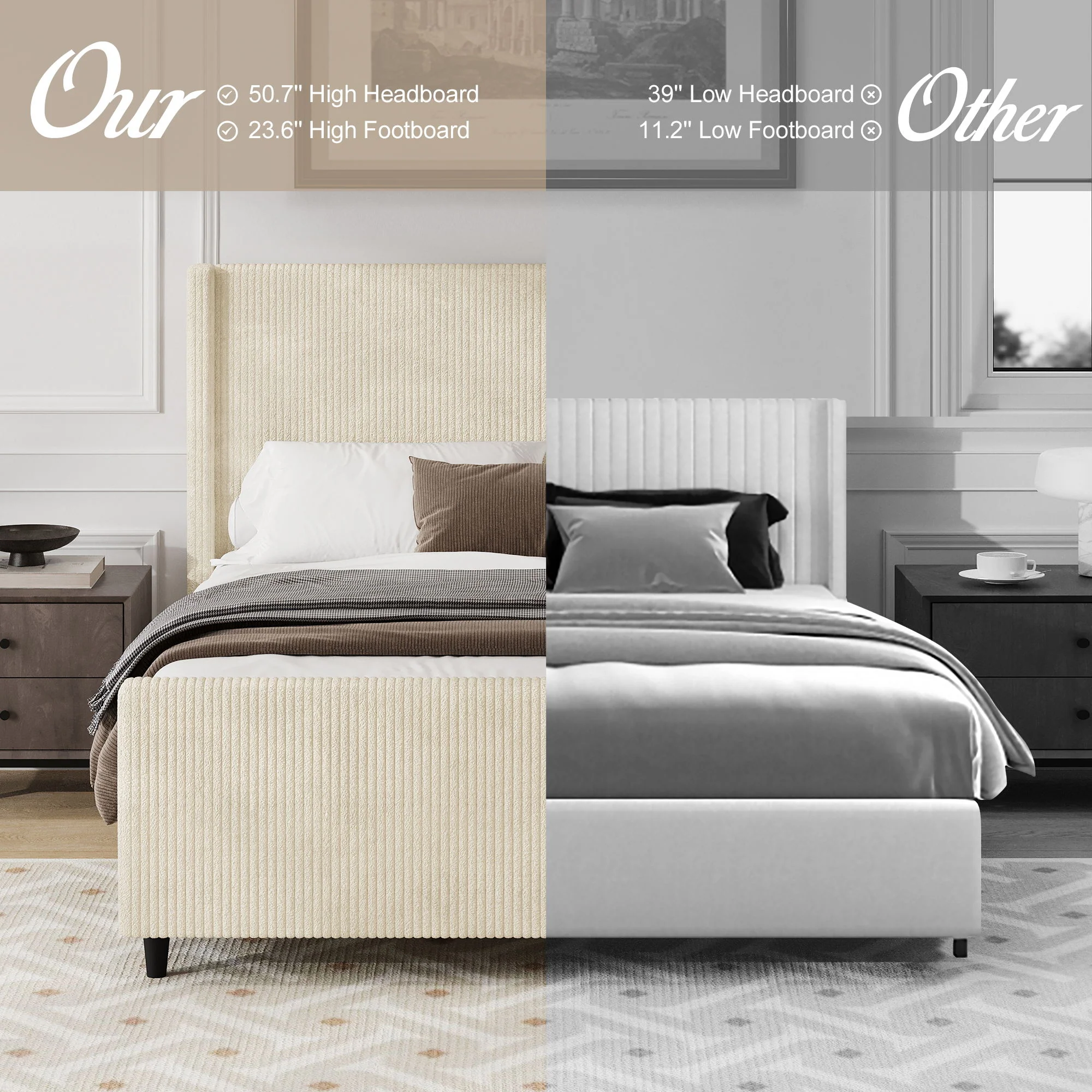 Upholstered Bed Frame With Vertical Stripe Wingback And High Footboard - Image 5