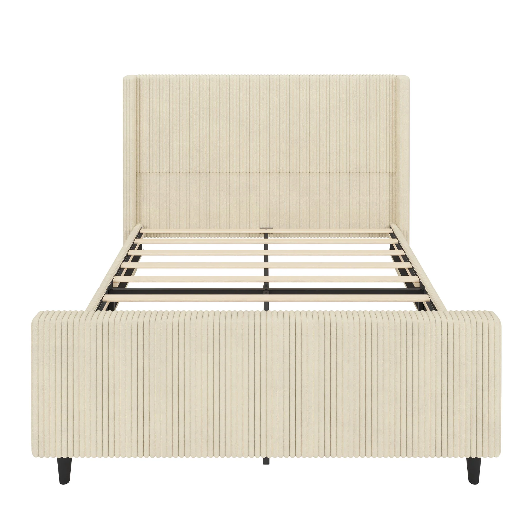 Upholstered Bed Frame With Vertical Stripe Wingback And High Footboard - Image 7