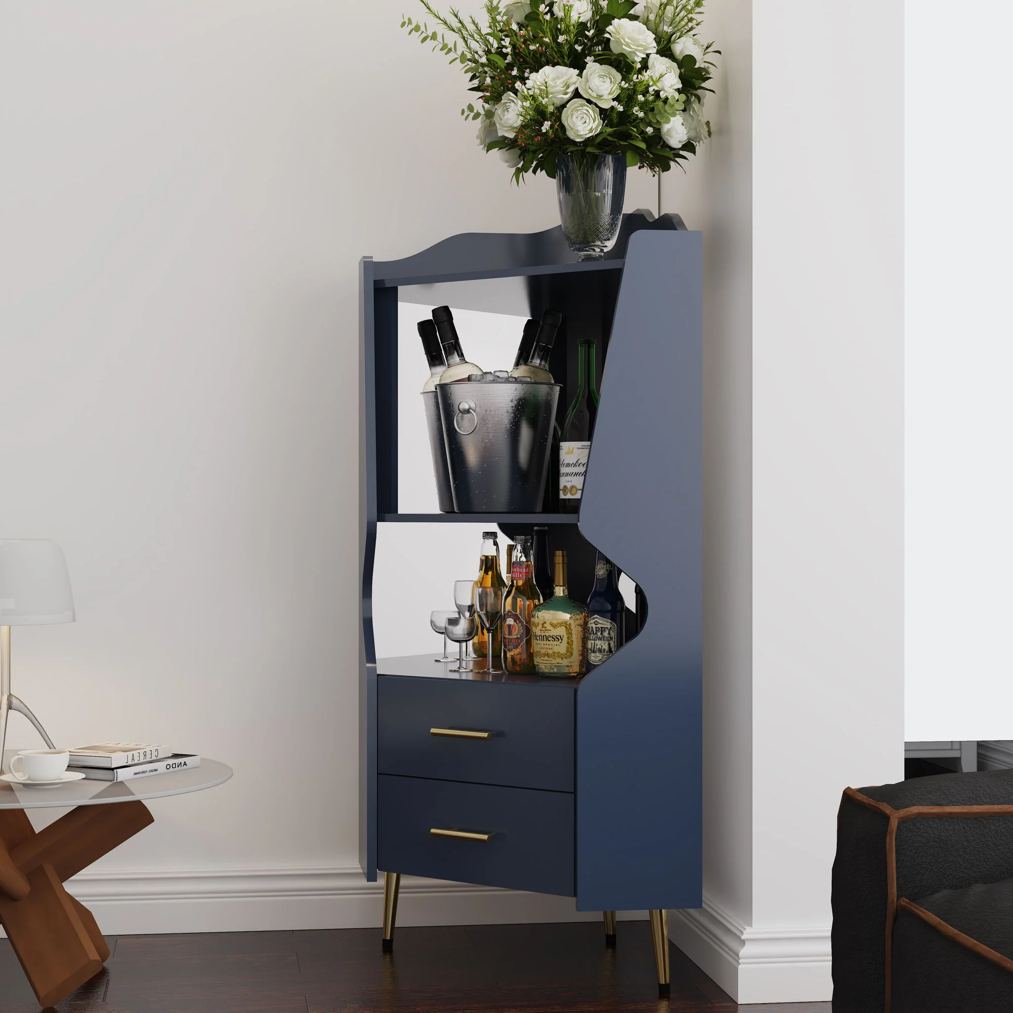 Corner Bar Cabinet With Mirrored Back, 2 Open Shelves & 2 Drawers, High Legs For Easy Cleaning - Image 6