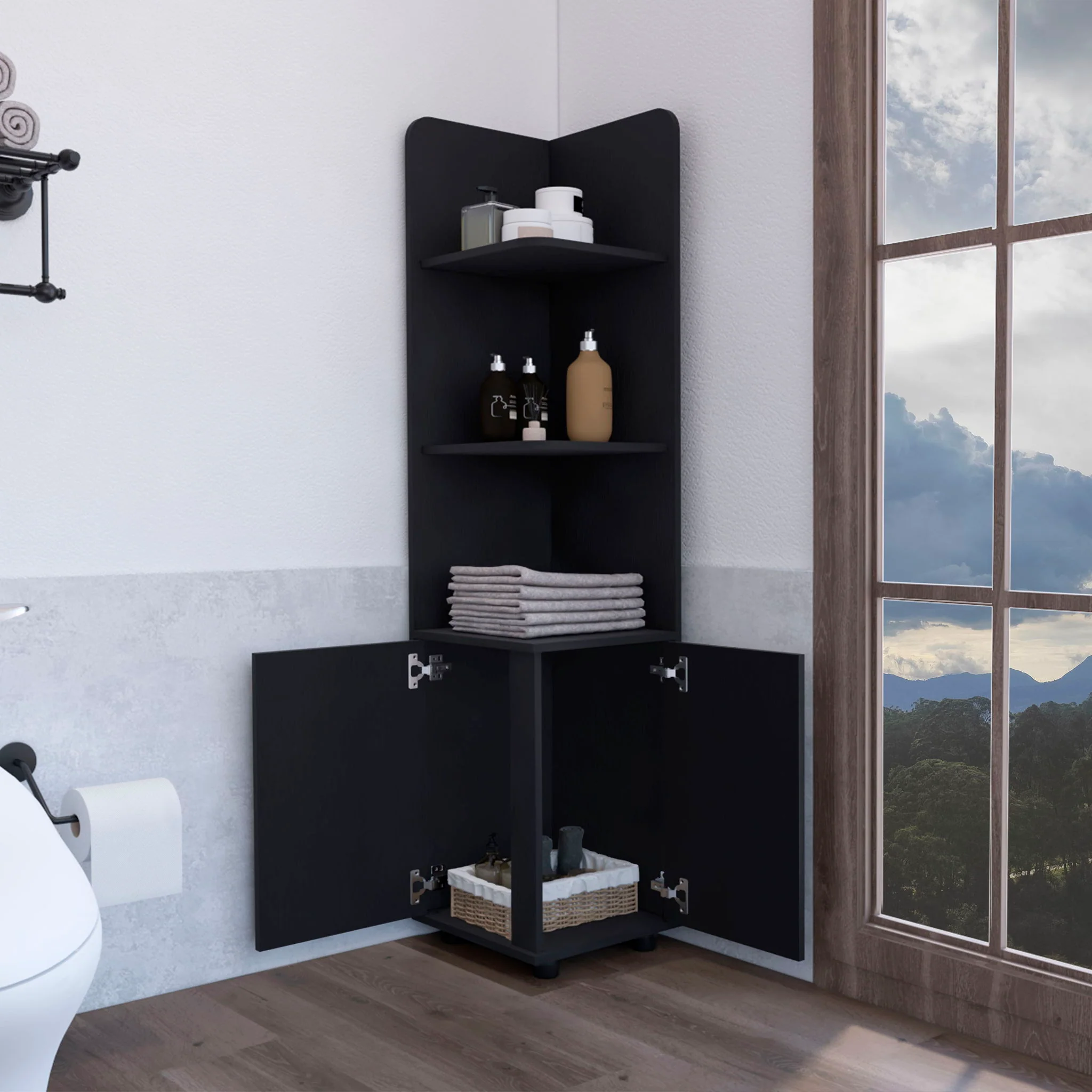 Corner Cabinet Tall With 3 Tier Shelf And 2 Door - Black - Image 5