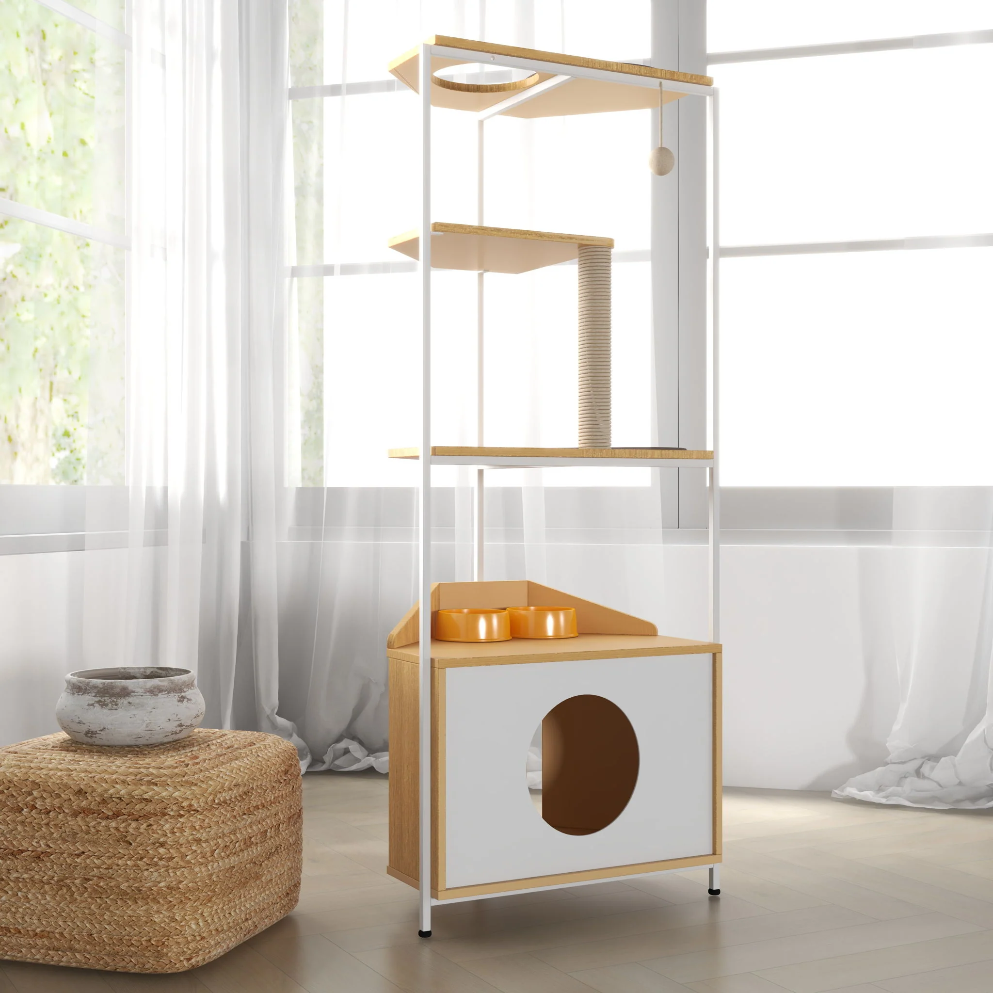 Corner Cat Tower, Cat Tree With Scratching Post, Cat Condo With Feeding Station And Climbing Platforms, Pet Furniture For Indoor Cats - White / Light Oak - Image 3