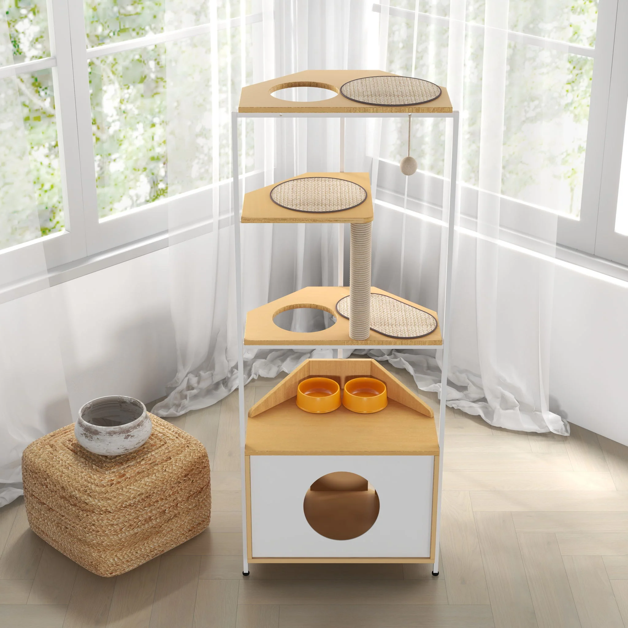 Corner Cat Tower, Cat Tree With Scratching Post, Cat Condo With Feeding Station And Climbing Platforms, Pet Furniture For Indoor Cats - White / Light Oak - Image 4