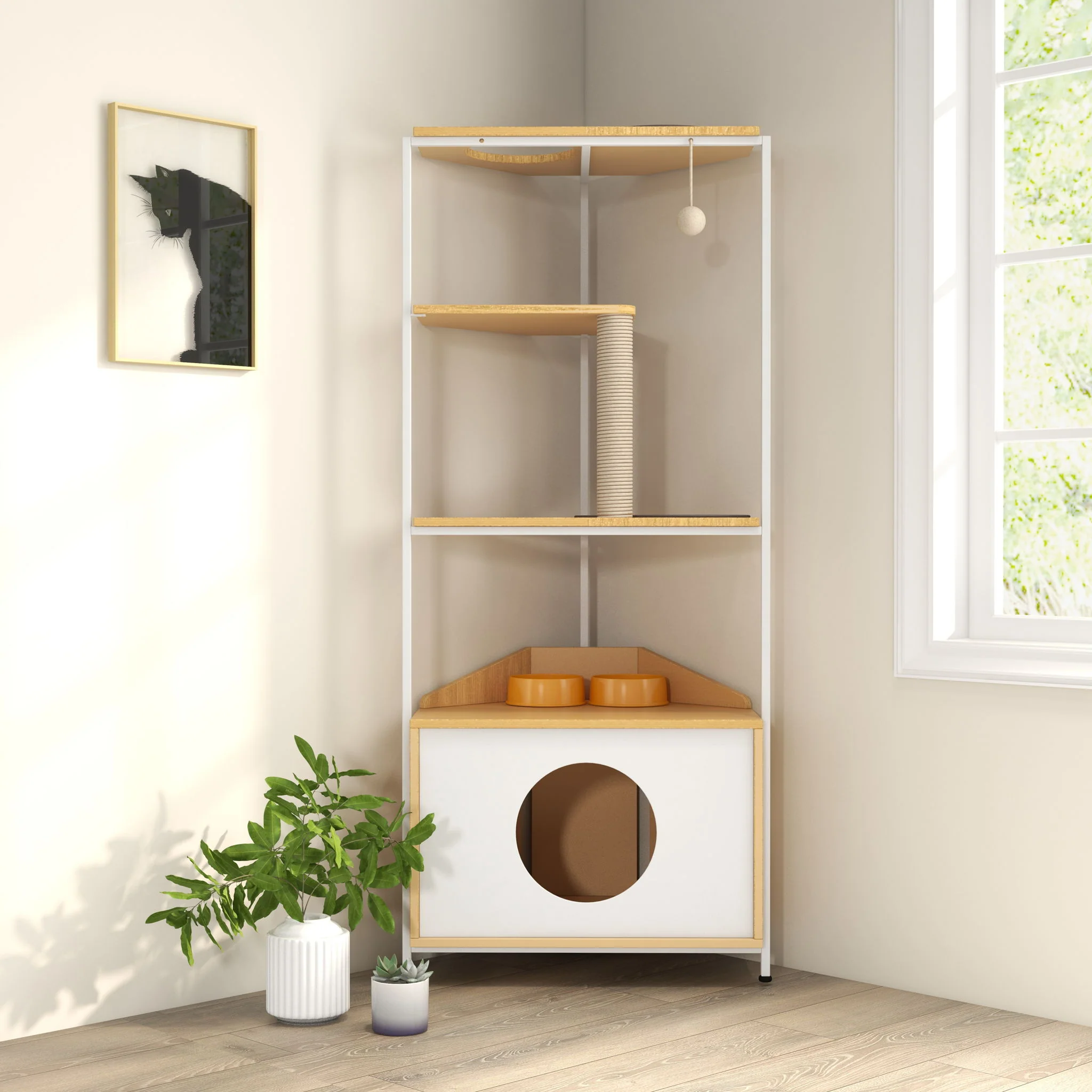 Corner Cat Tower, Cat Tree With Scratching Post, Cat Condo With Feeding Station And Climbing Platforms, Pet Furniture For Indoor Cats - White / Light Oak - Image 7