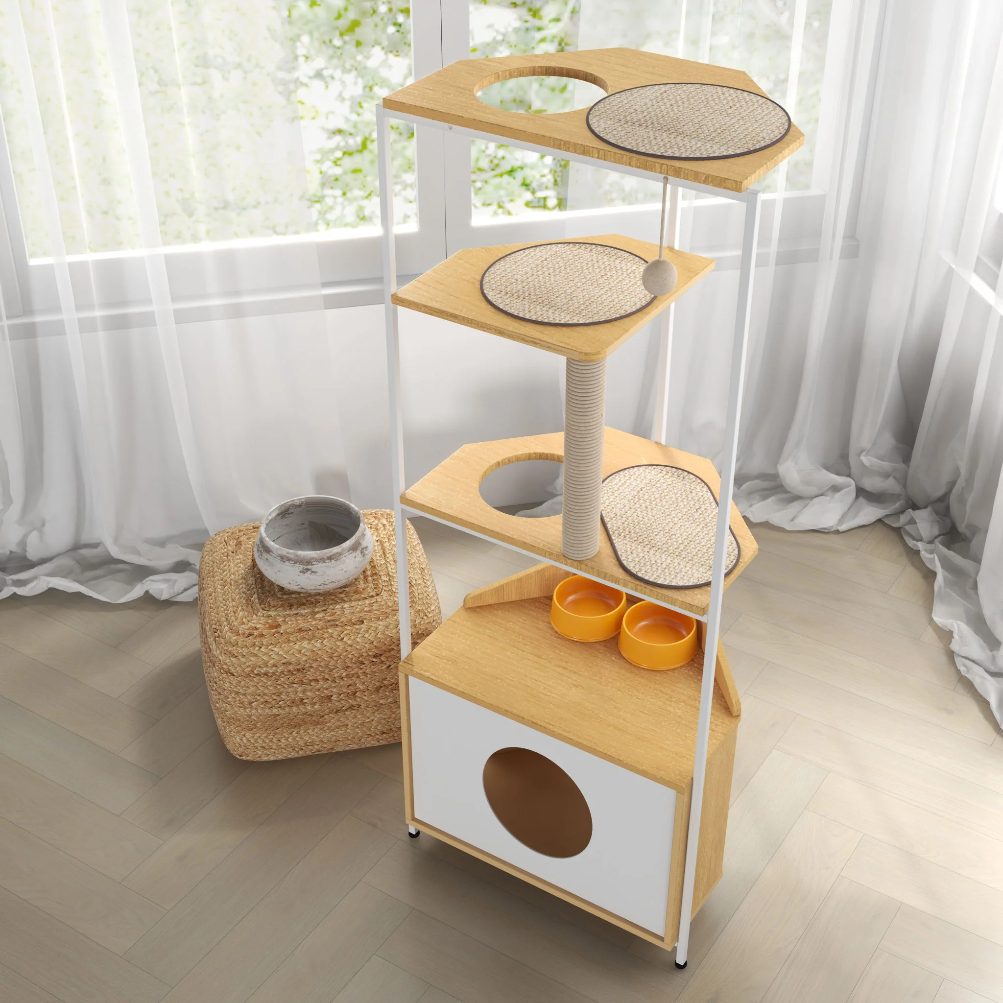 Corner Cat Tower, Cat Tree With Scratching Post, Cat Condo With Feeding Station And Climbing Platforms, Pet Furniture For Indoor Cats - White / Light Oak - Image 9