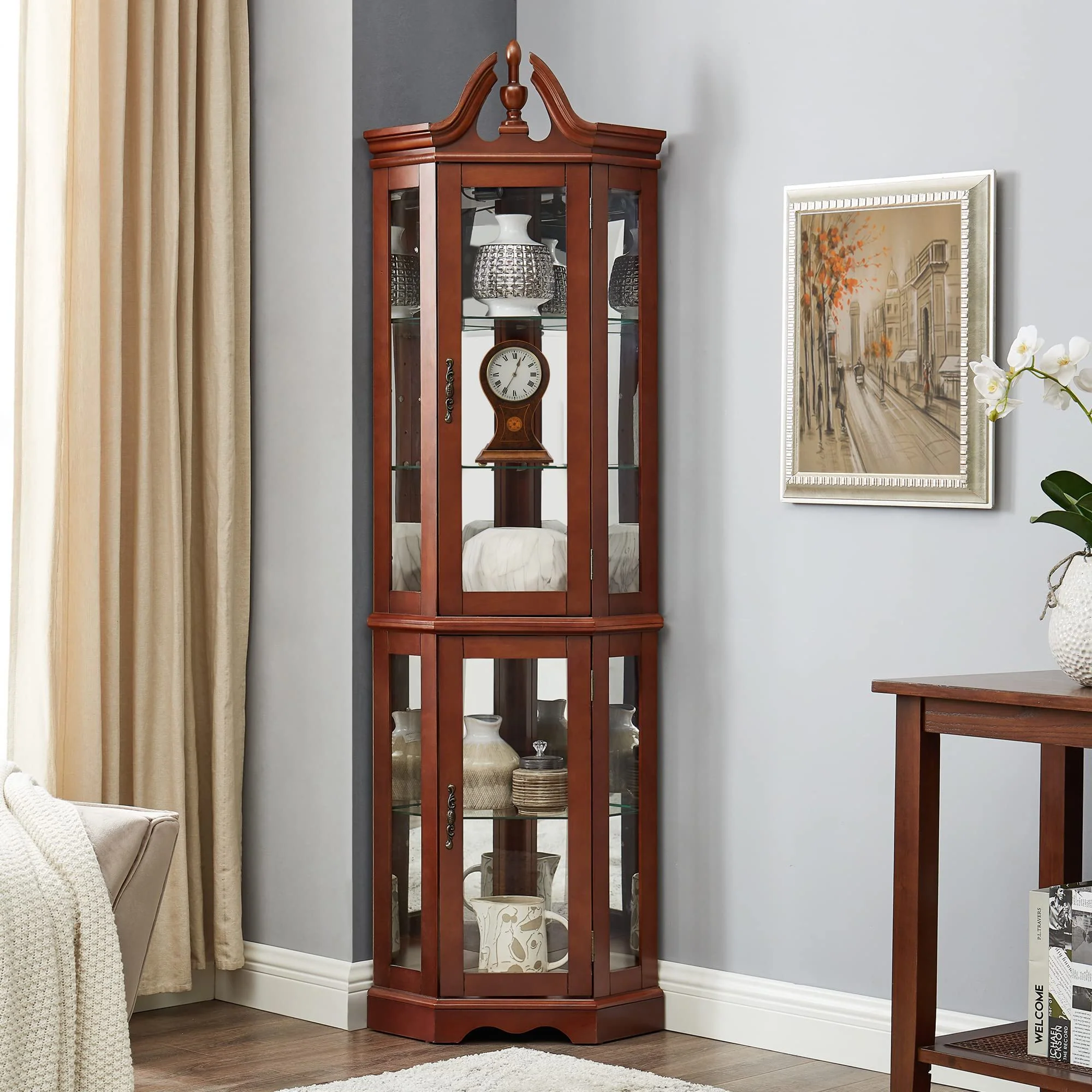 Corner Curio Cabinet With Lights, Adjustable Tempered Glass Shelves, Display Cabinet (E26 Light Bulb Not Included) - Mirrored / Walnut - Image 3