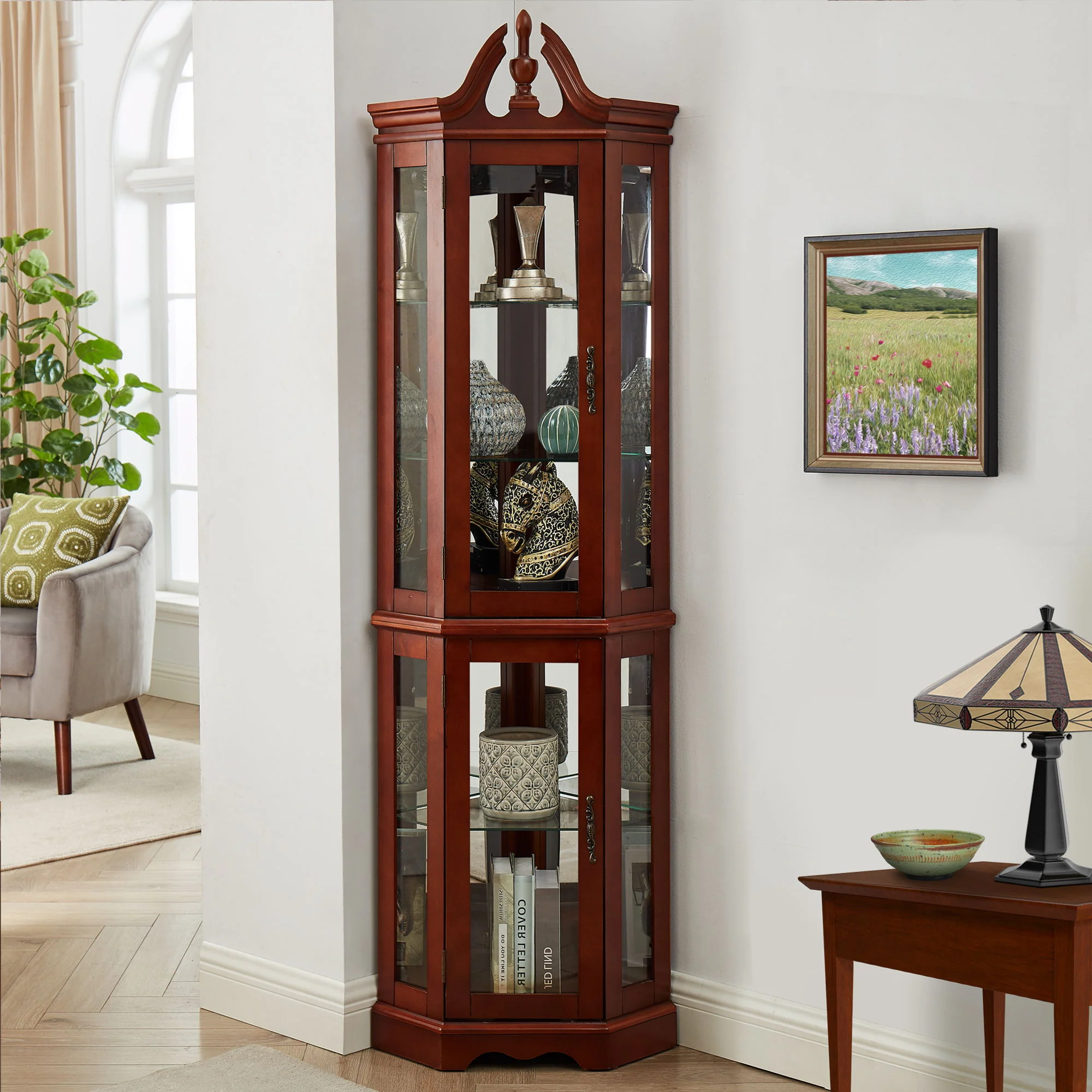 Corner Curio Cabinet With Lights, Adjustable Tempered Glass Shelves, Display Cabinet (E26 Light Bulb Not Included) - Mirrored / Walnut - Image 7