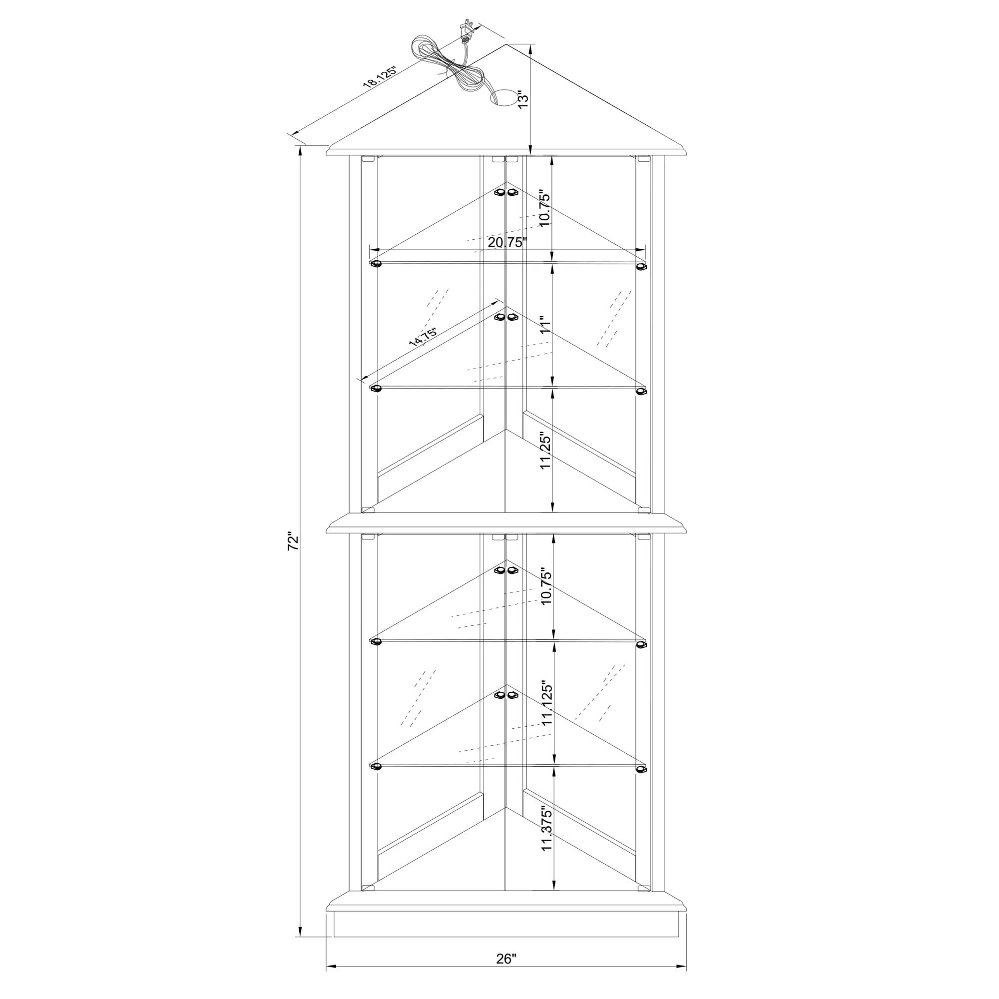 Corner Curio Dispaly Cabinet With Lights, Adjustable Tempered Glass Shelves, Mirrored Back (E26 Light Bulb Not Included) - Image 6