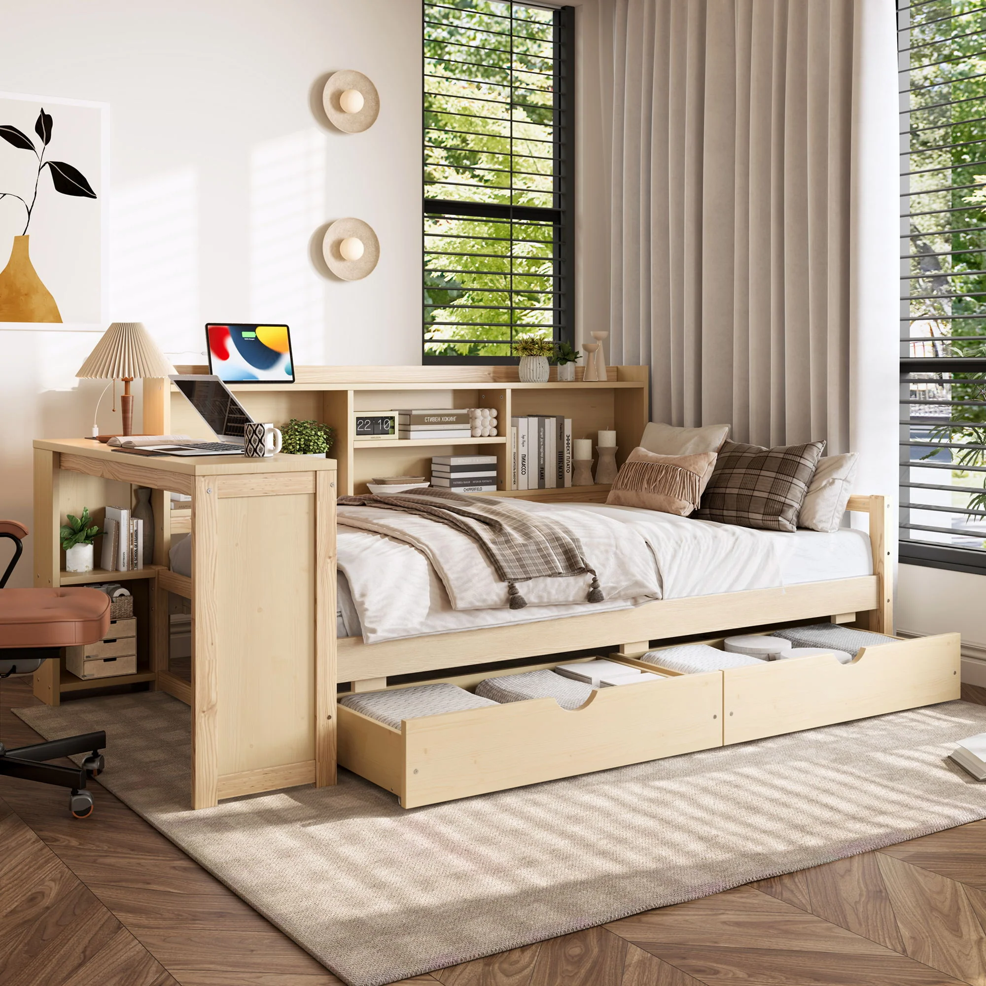 Corner Daybed With Storage Drawers, Desk, Charging Port & Bookcase - Image 16
