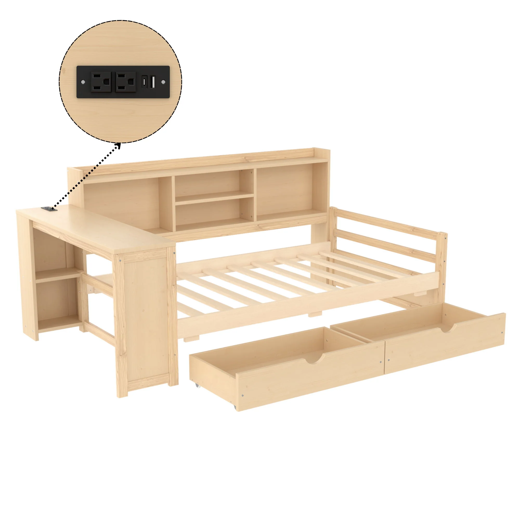 Corner Daybed With Storage Drawers, Desk, Charging Port & Bookcase - Image 2