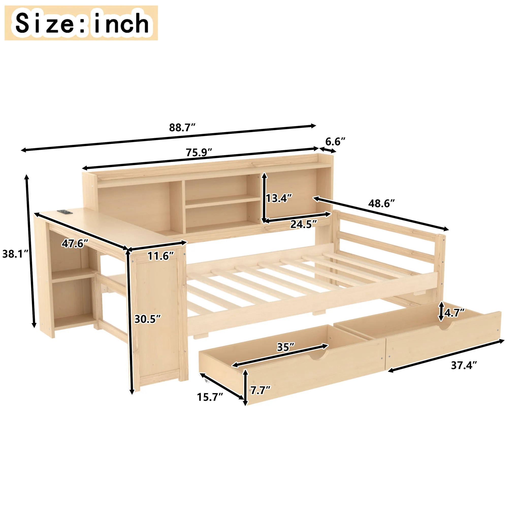 Corner Daybed With Storage Drawers, Desk, Charging Port & Bookcase - Image 7