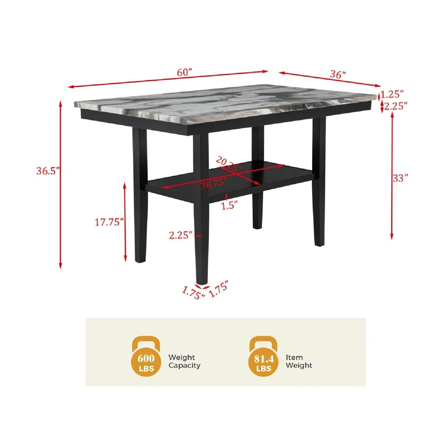 Counter Dining Table With Storage Bottom Shelf For Kitchen - Black - Image 4