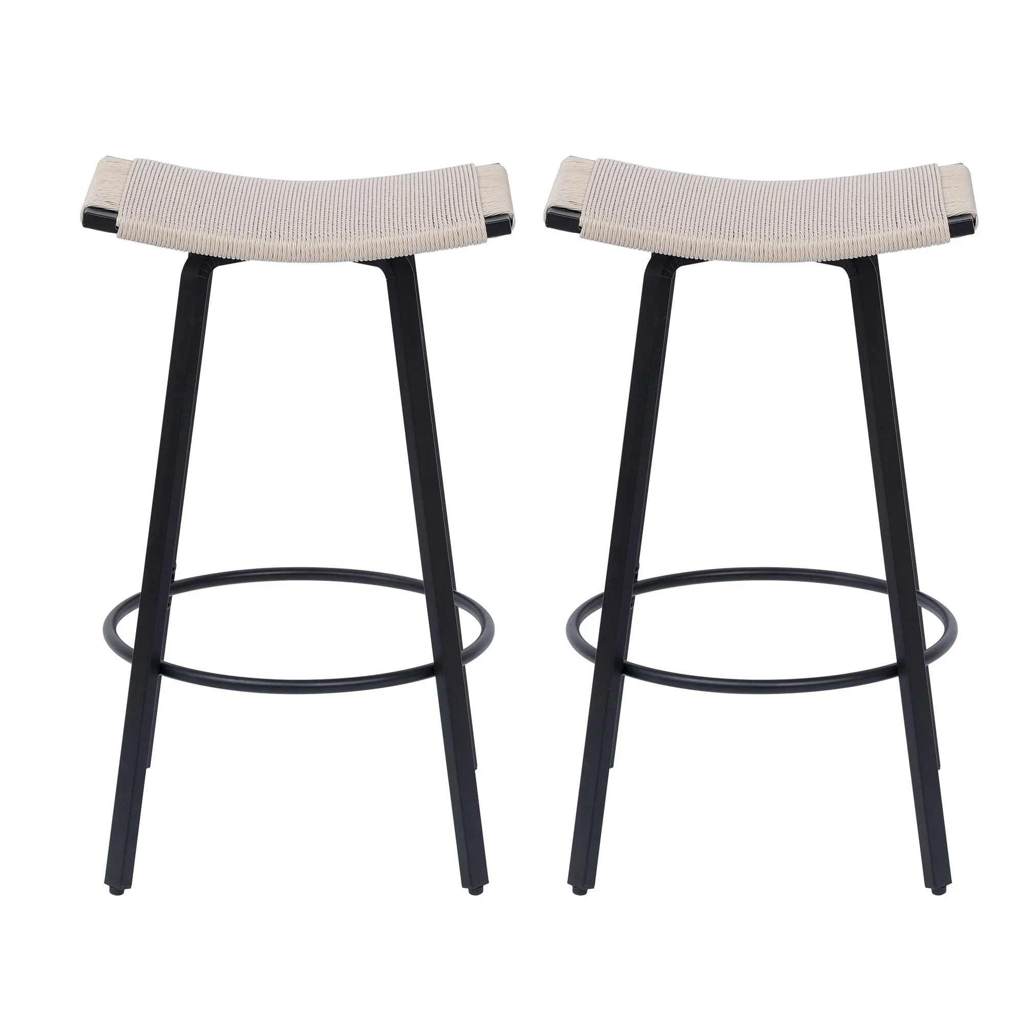 Counter Height Bar Stools Backless Handwoven Kitchen Dining Chairs With Round Footrest (Set of 2) Weaving Pub Stoo - Creamy White - Image 8