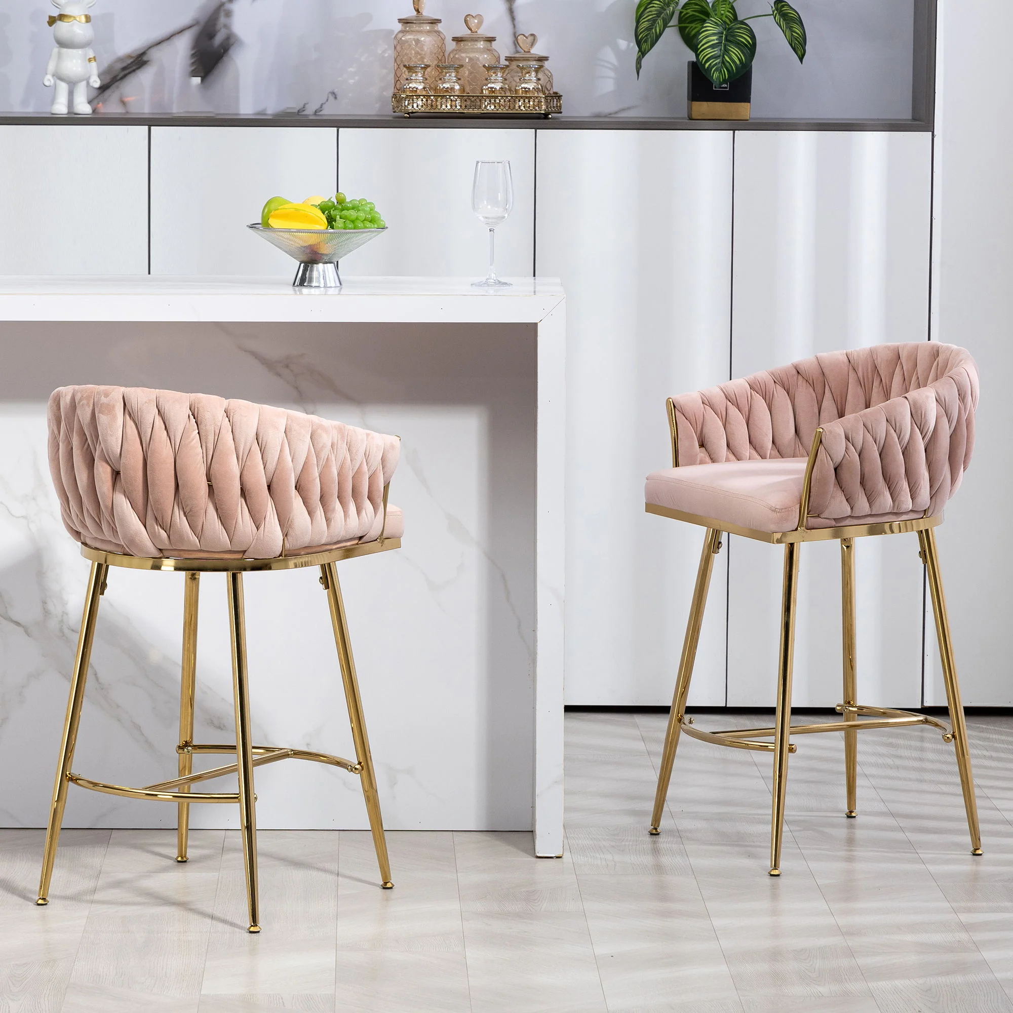 Counter Height Bar Stools Kitchen Island Counter Bar Stool With Hand - Wave Back, Golden Chromed Base And Footrest (Set of 2) - Pink - Image 7