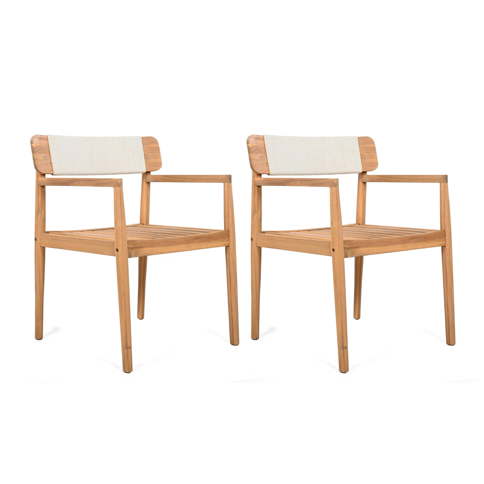Creative Braided Acacia Wood Outdoor Dining Table And Chairs With Armrests (Set of 2) - Teak / White - Image 8