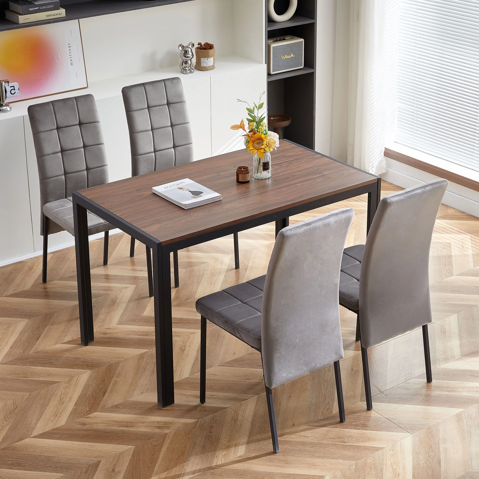 Creative Design Veneered MDF Wood Structure Rectangular Walnut Dining Table - Walnut - Image 8
