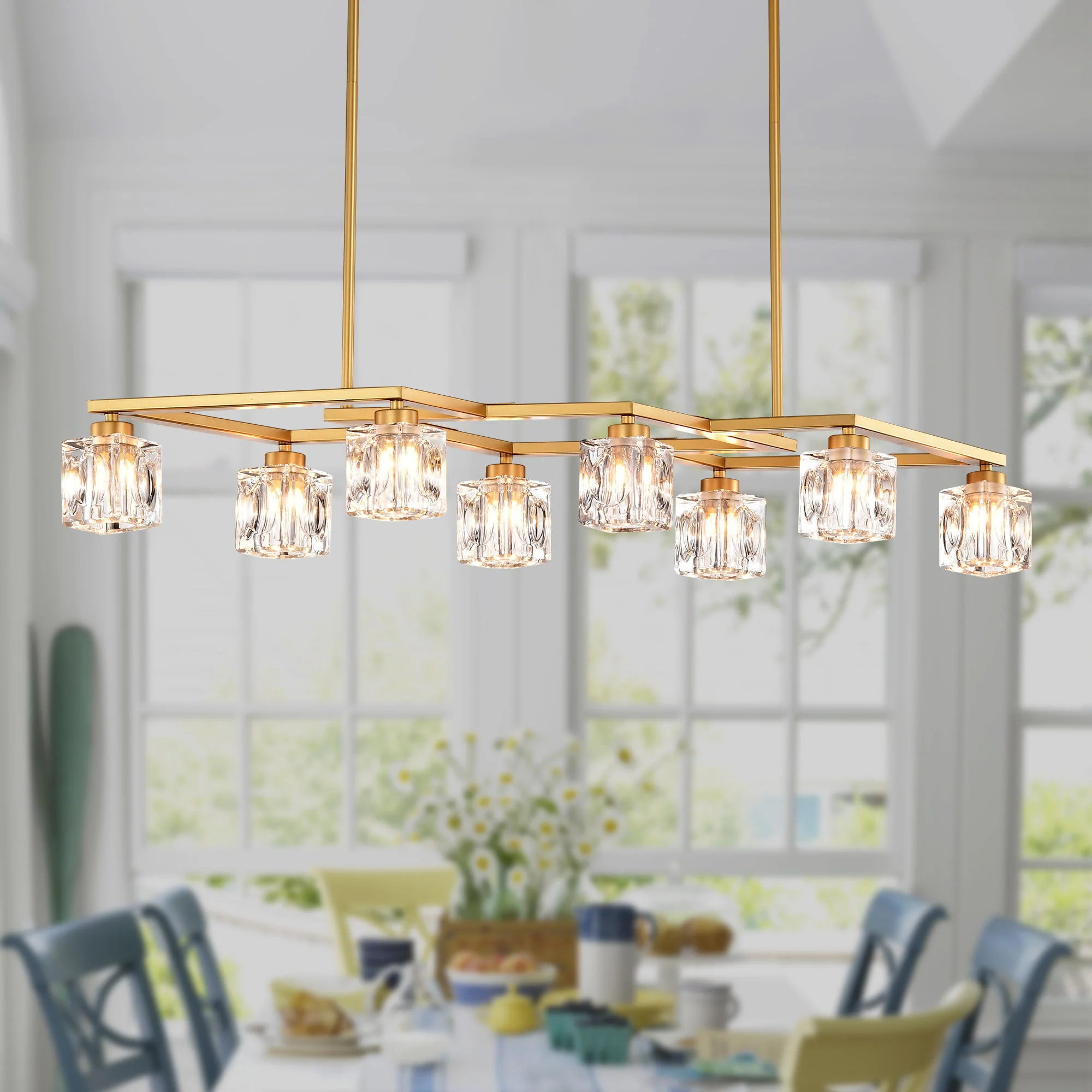 Crystal Chandelier For Dining Room, 8 Light Kitchen Chandelier Light Fixture Modern Metal Industrial Chandeliers For Farmhouse Entryway Living Room (8*G9 Bulbs Included) - Matte Gold - Image 2