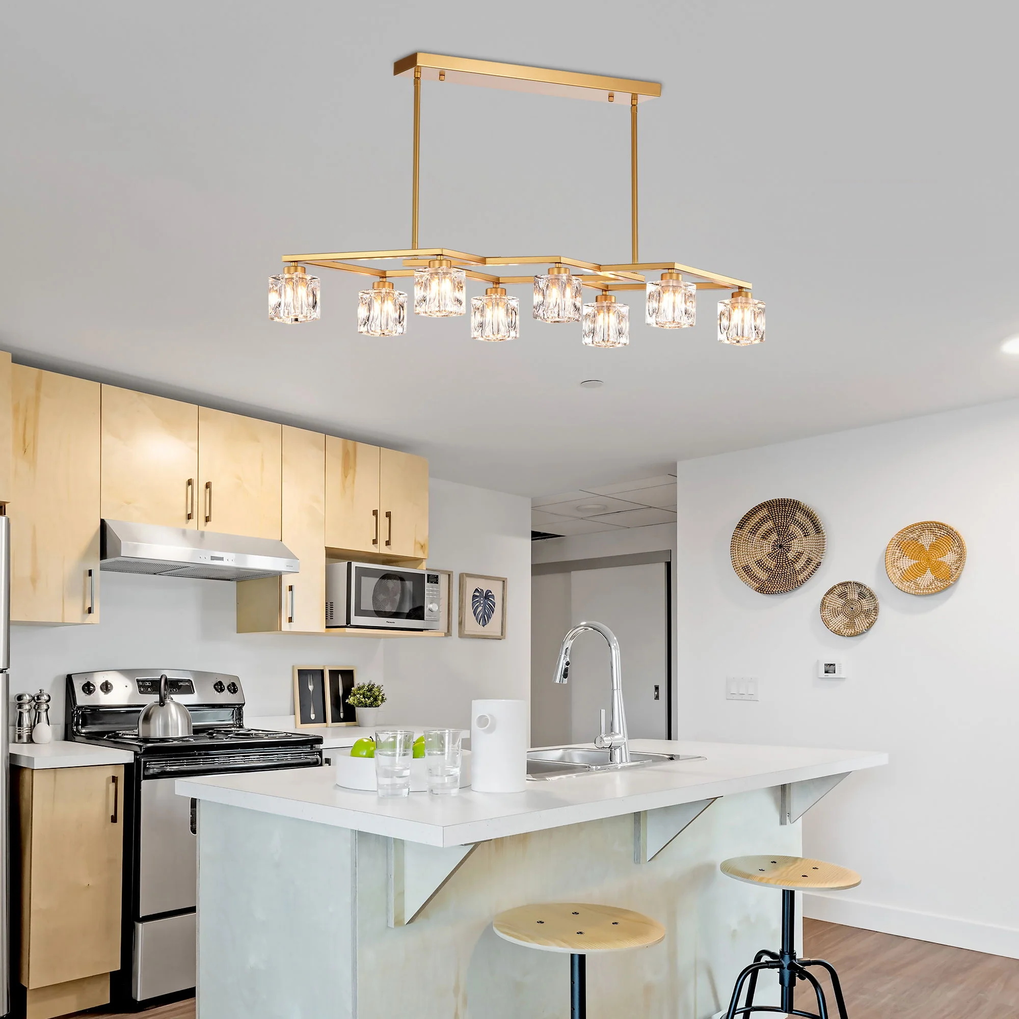 Crystal Chandelier For Dining Room, 8 Light Kitchen Chandelier Light Fixture Modern Metal Industrial Chandeliers For Farmhouse Entryway Living Room (8*G9 Bulbs Included) - Matte Gold - Image 6