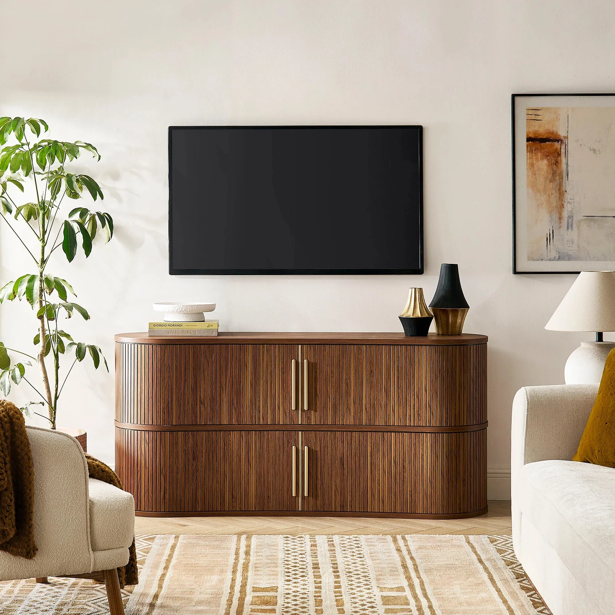 Curved Fluted Sideboard Storage Cabinet with Sliding Doors – Wood Finish 63 Inch - Image 7