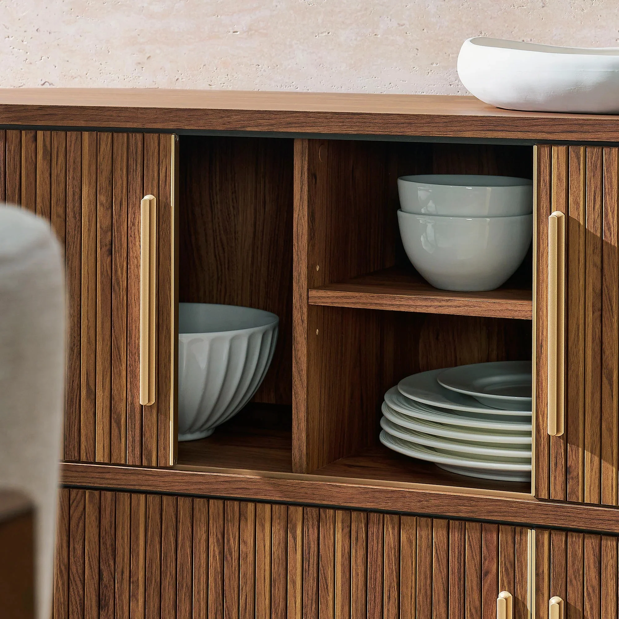 Curved Fluted Sideboard Storage Cabinet with Sliding Doors – Wood Finish 63 Inch - Image 8