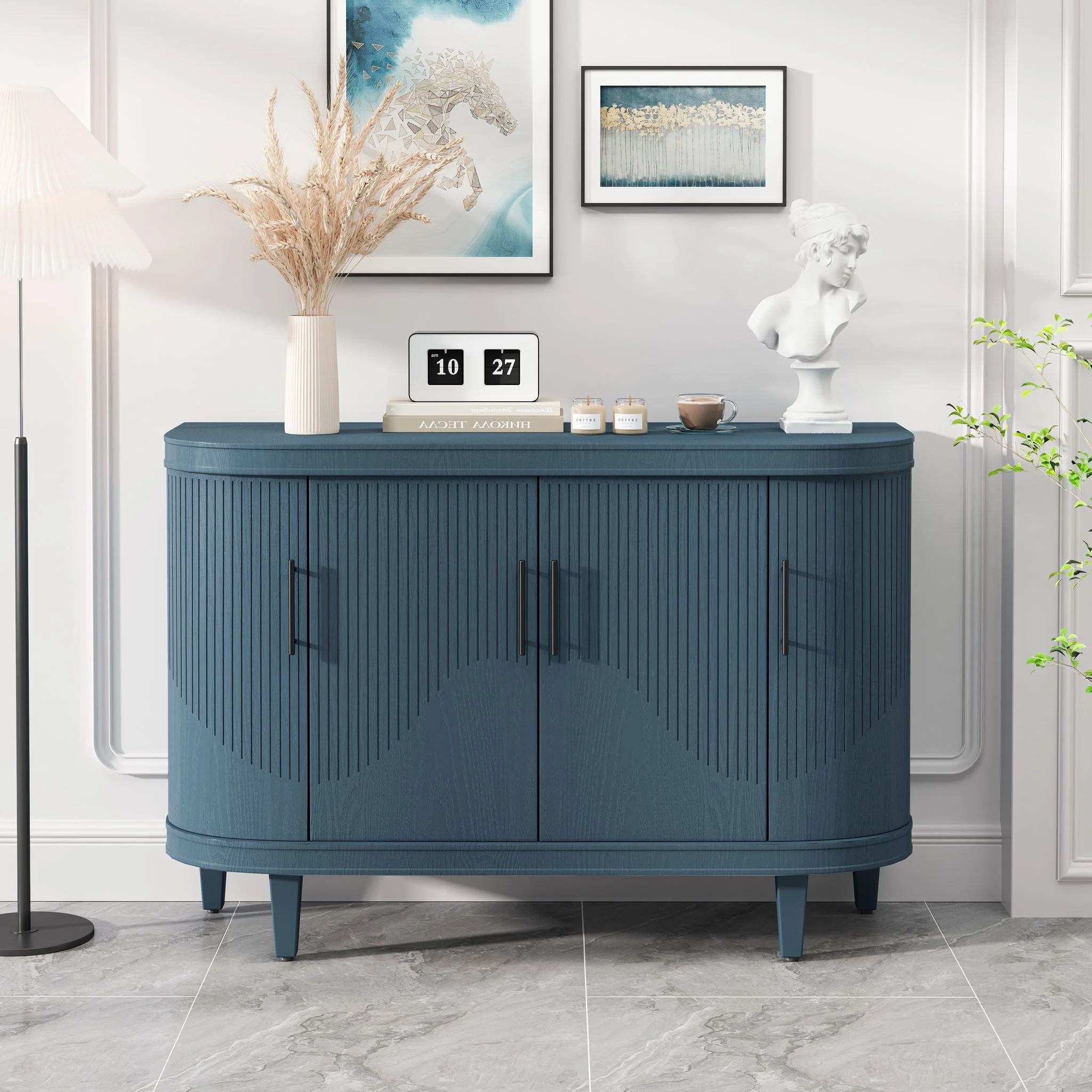 Curved Sideboard Console Cabinet with 4 Doors and Storage Shelves 47x32in Blue - Image 6