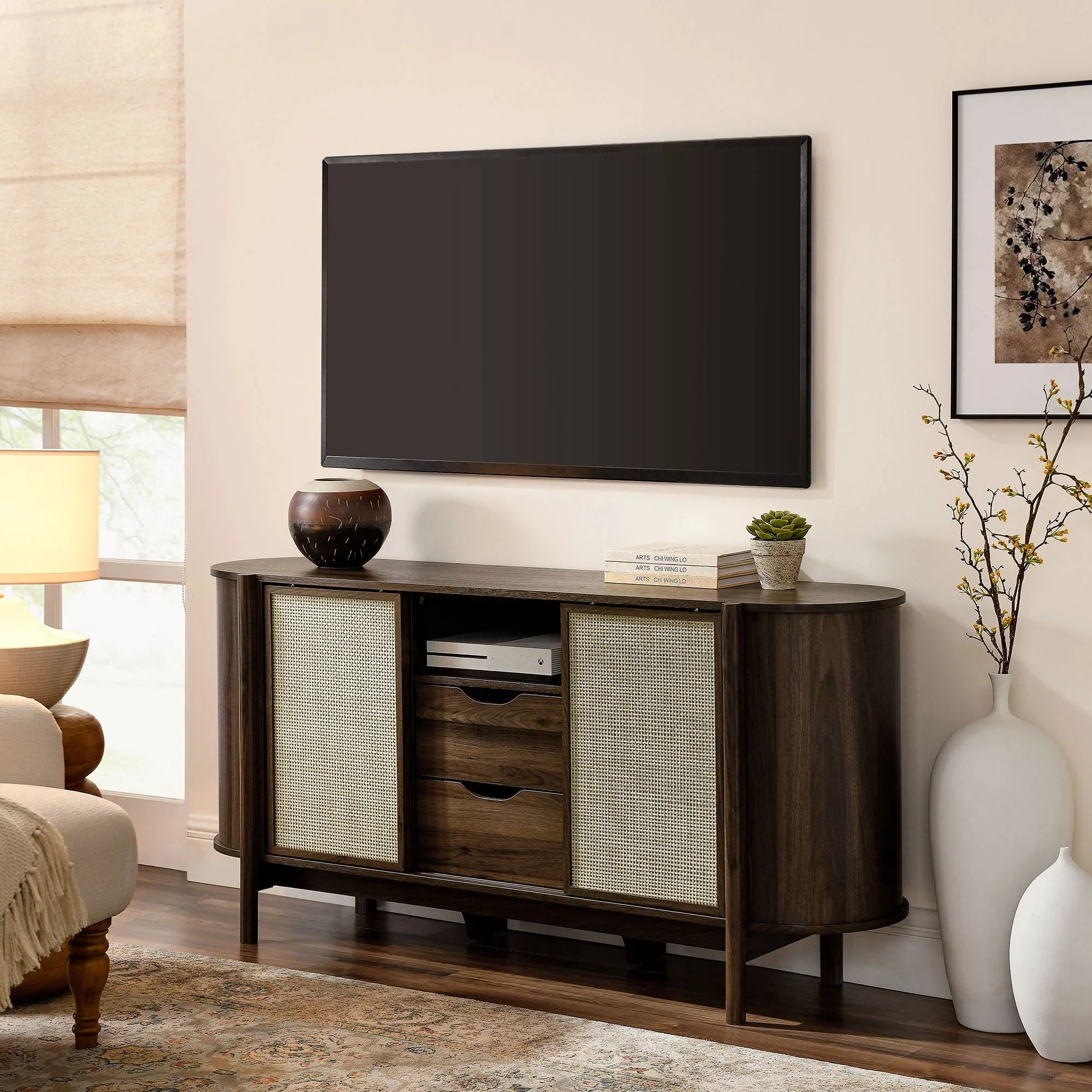 Curved Sideboard Storage Cabinet with Rattan Sliding Doors – Walnut Finish 63 Inch - Image 3