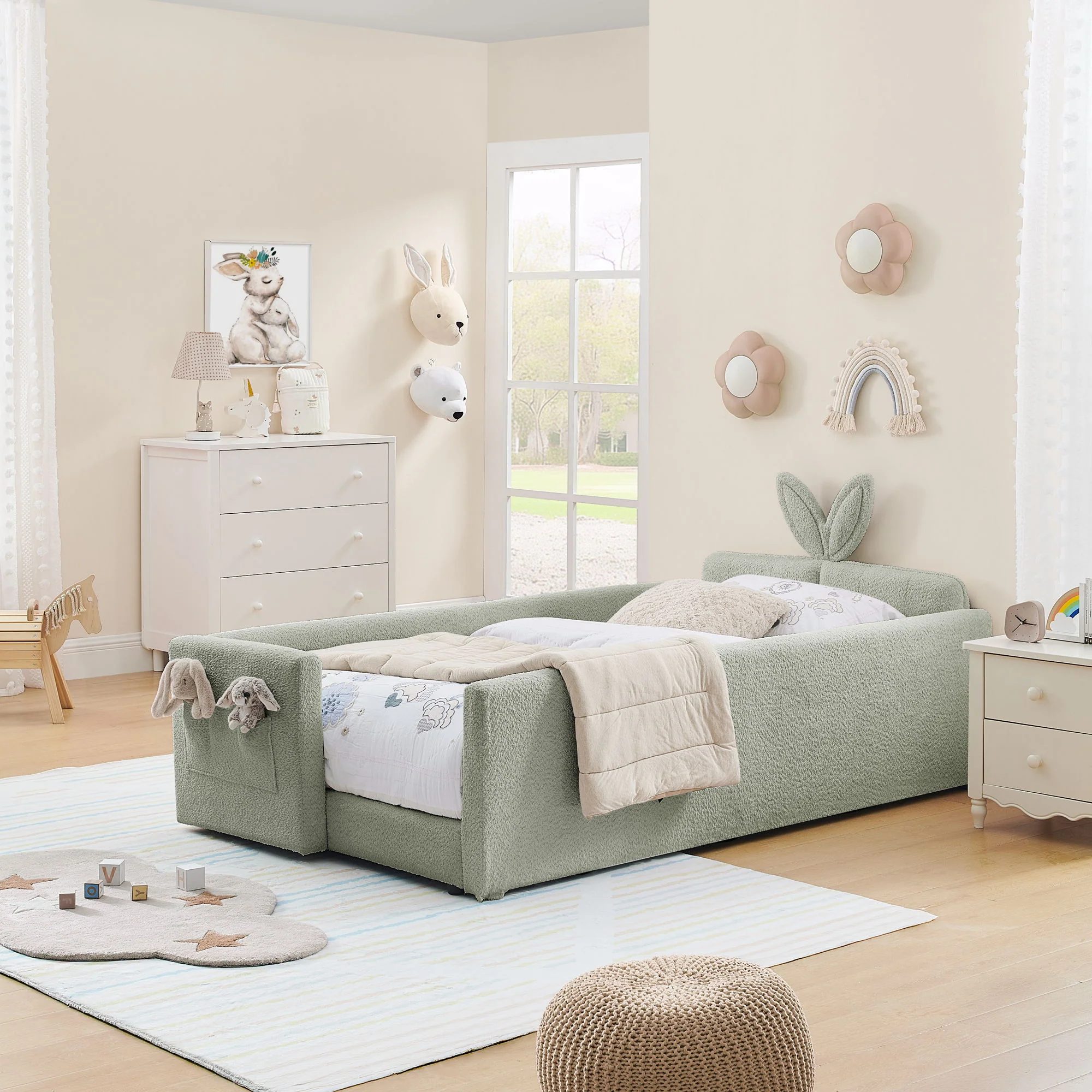 Cute Rabbit Ear Upholstered Platform Bed Frame With Safety Rail - Image 75