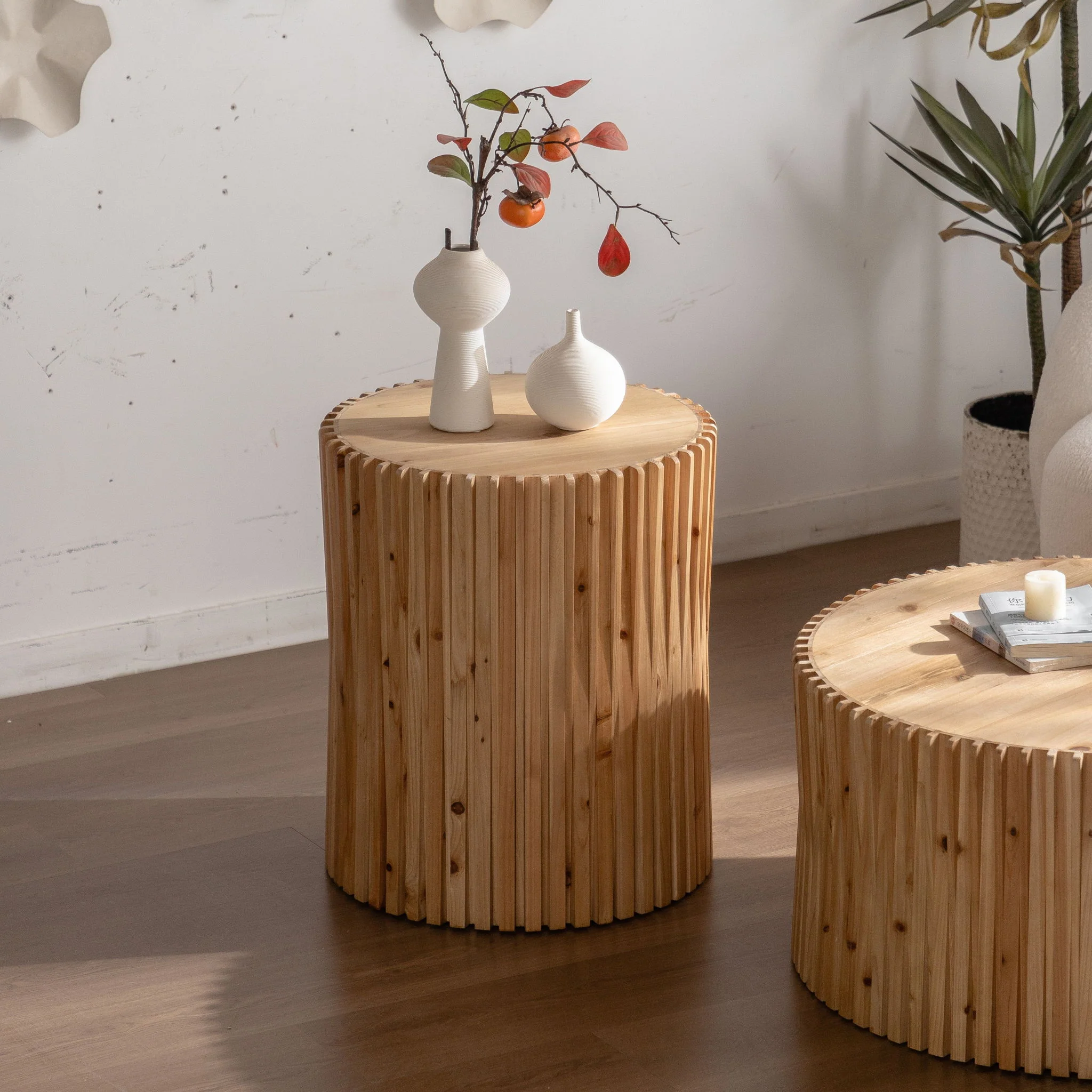 Cylindrical Coffee Table With Vertical Texture Relief For Living Room (Set of 2) - Natural - Image 8