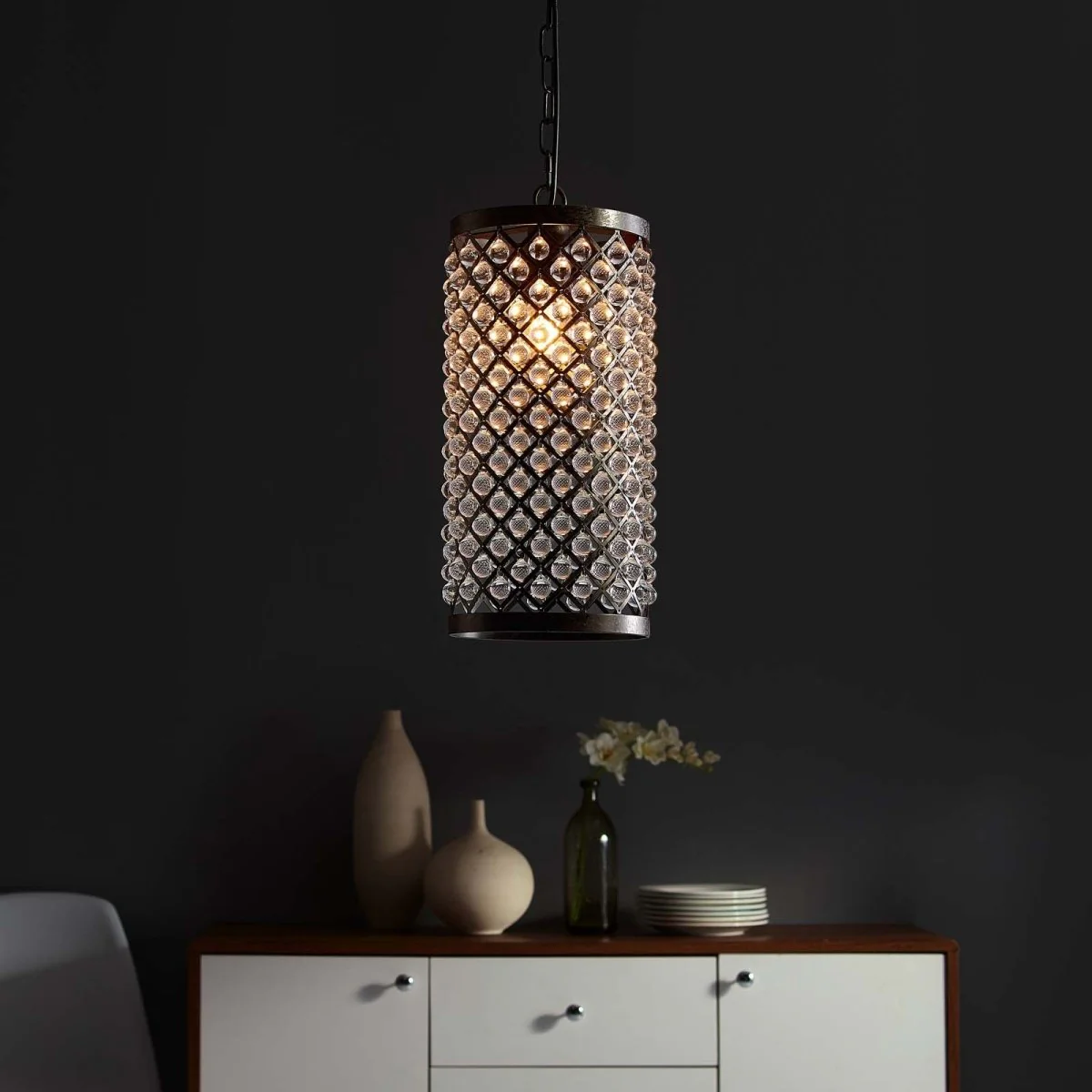 1-Light Cylindrical Glass and Metal Pendant Chandelier – Black - Image 2
