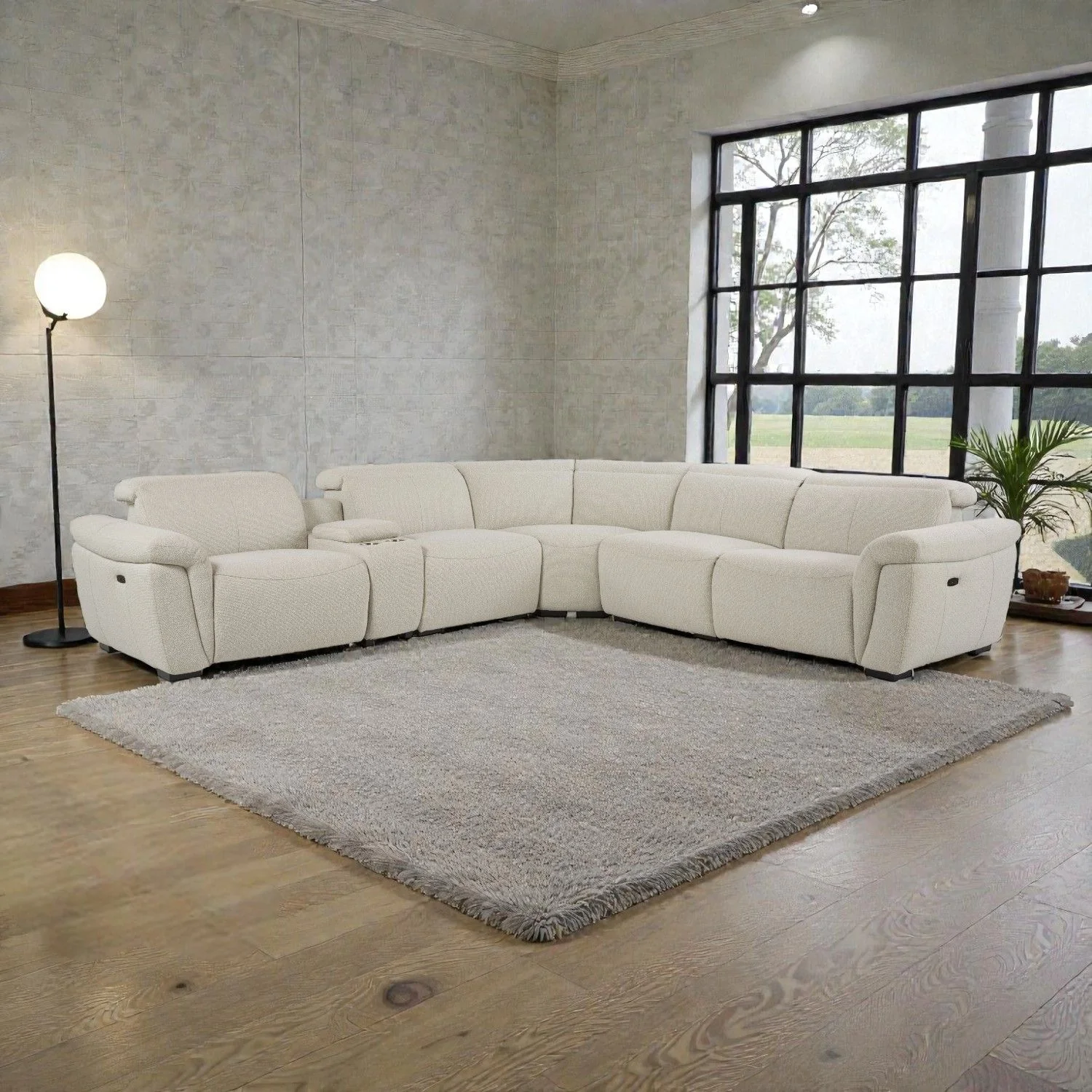 Dayana - Boucle Power Recliner Sectional Sofa For 5 People With Cupholder Console Adjustable Headrest - Beige - Image 3