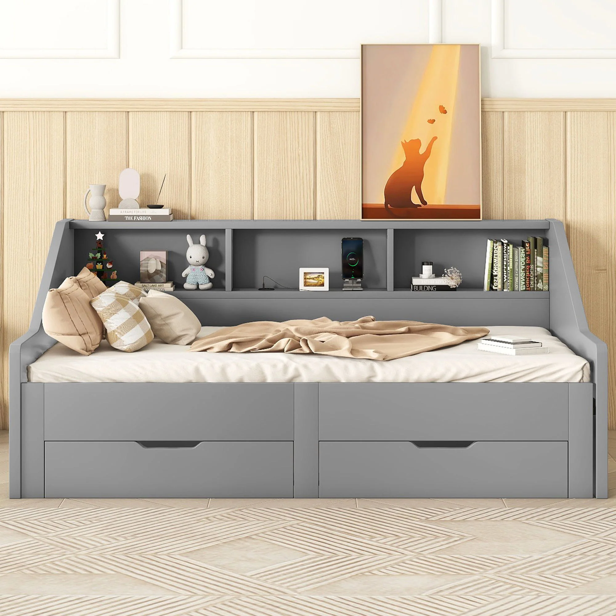 Daybed Frame With Storage Bookcases, 2 Drawers, Charging Station - Image 14