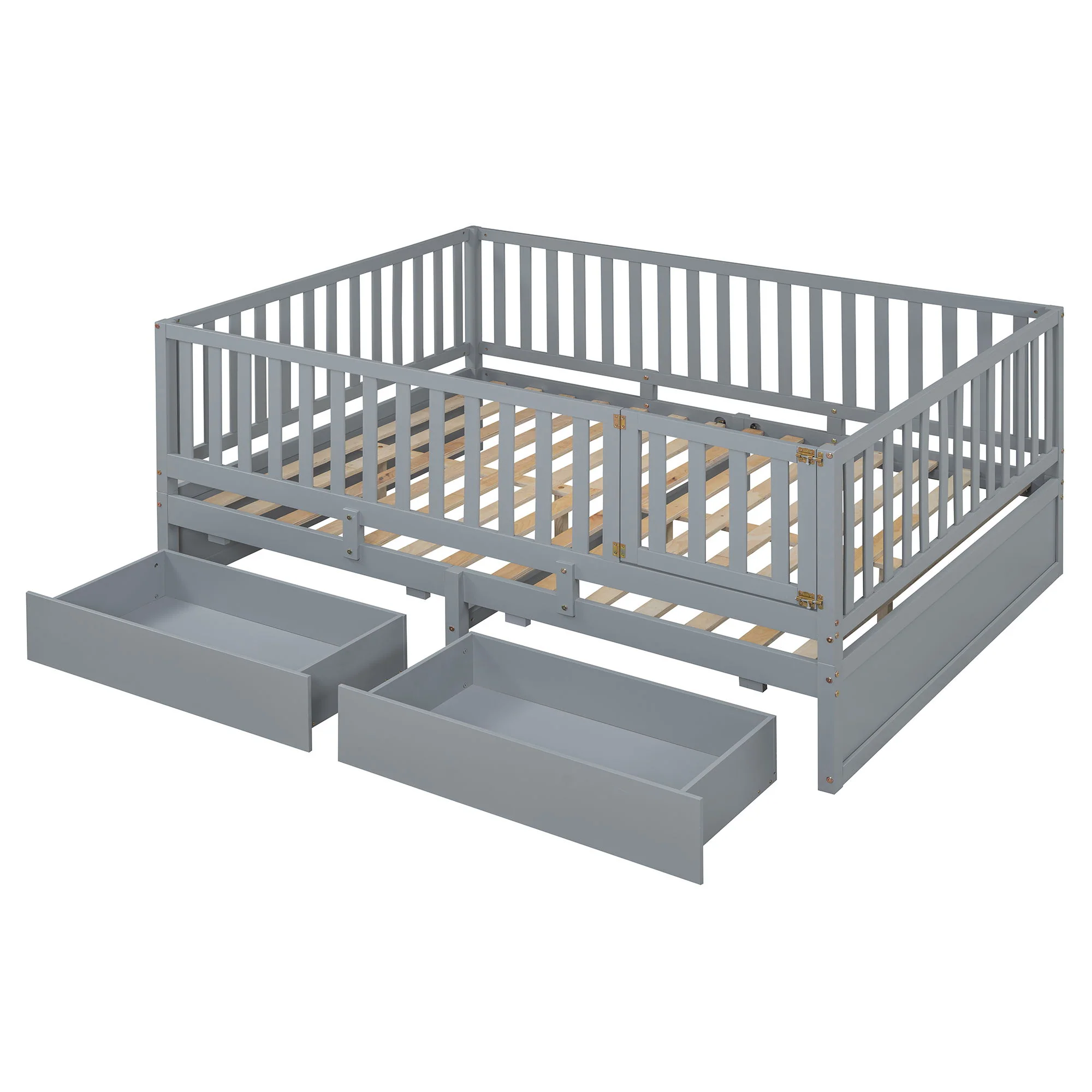 Daybed With Fence Guardrails And 2 Drawers, Split Into Independent Floor Bed & Daybed - Image 2