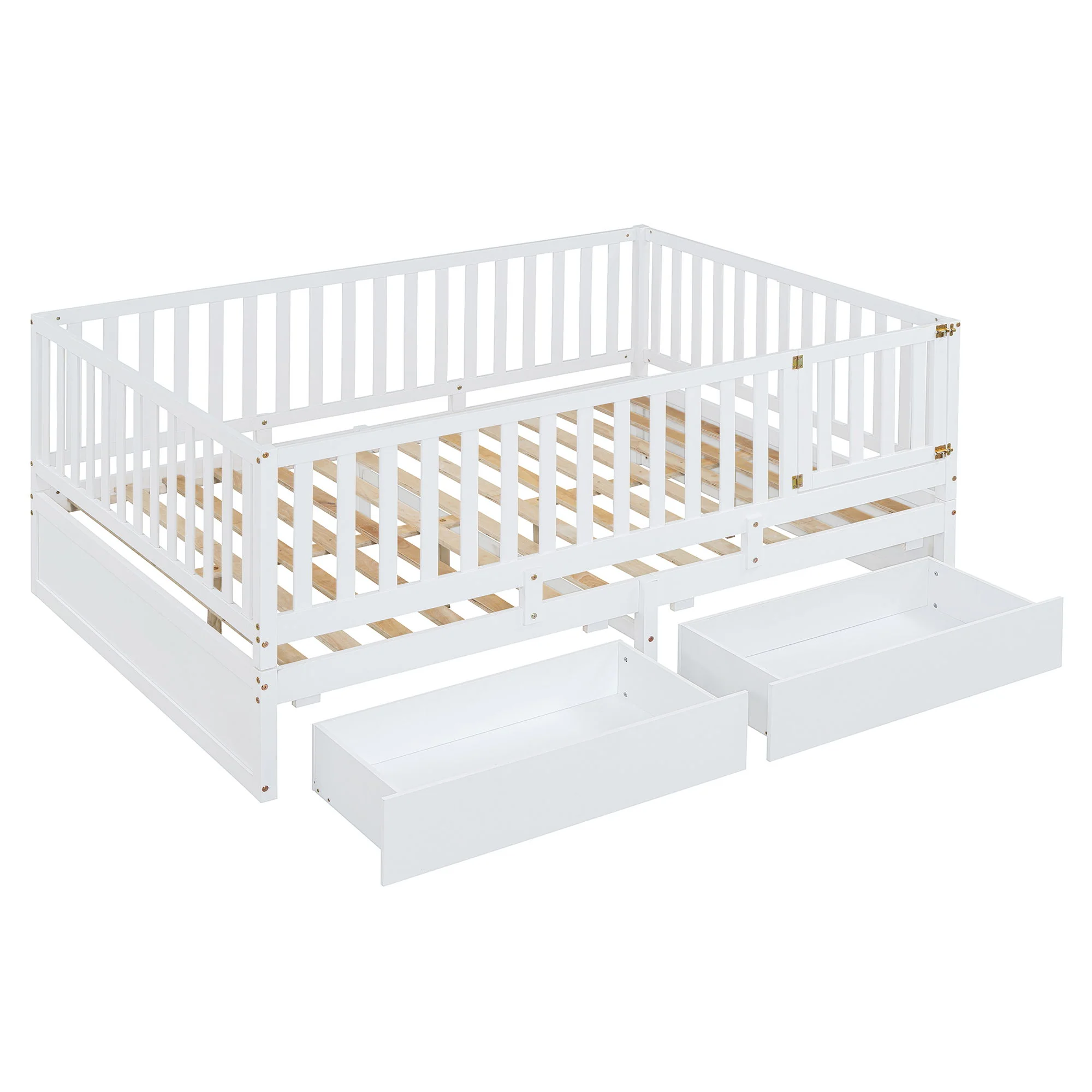 Daybed With Fence Guardrails And 2 Drawers, Split Into Independent Floor Bed & Daybed - Image 3