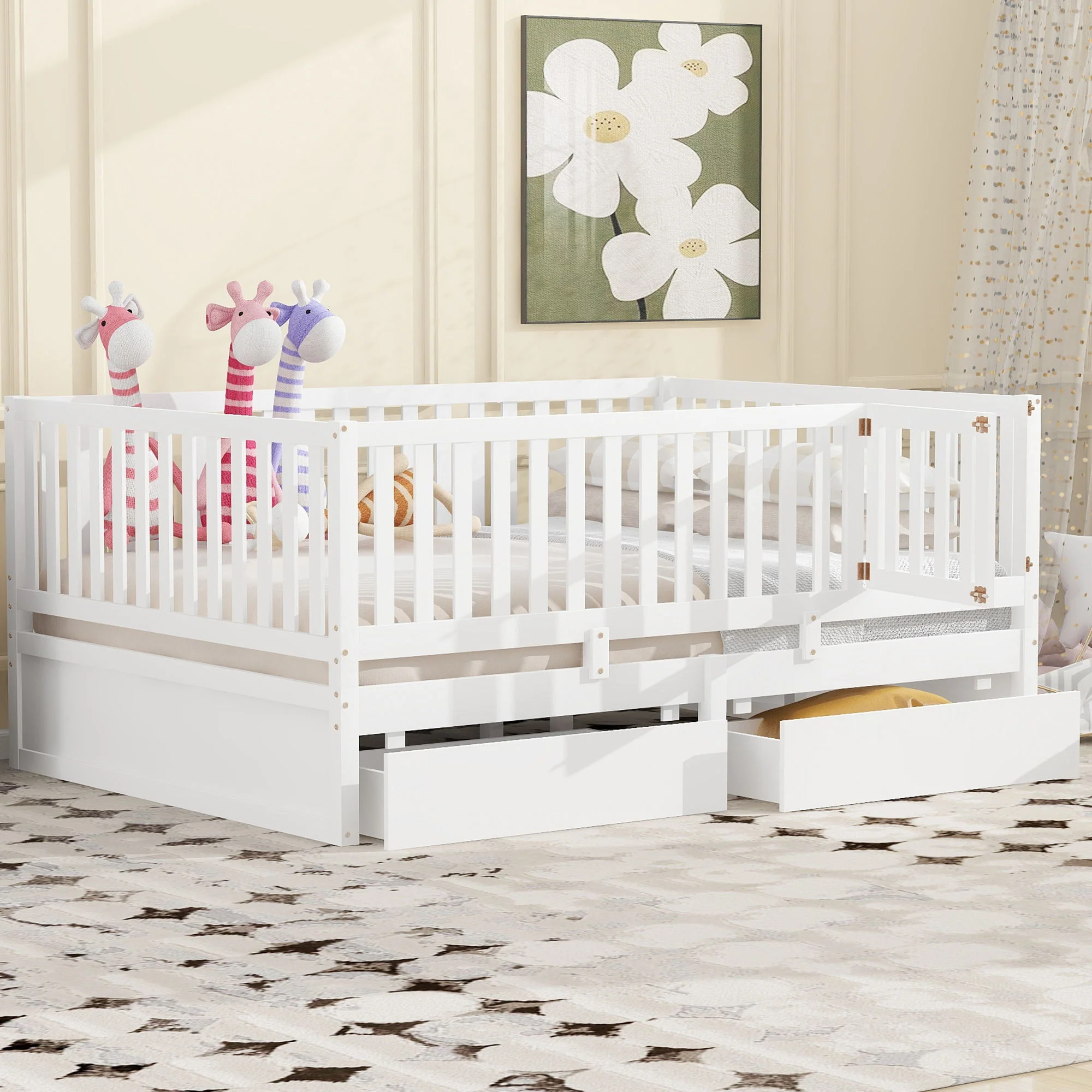 Daybed With Fence Guardrails And 2 Drawers, Split Into Independent Floor Bed & Daybed - Image 36