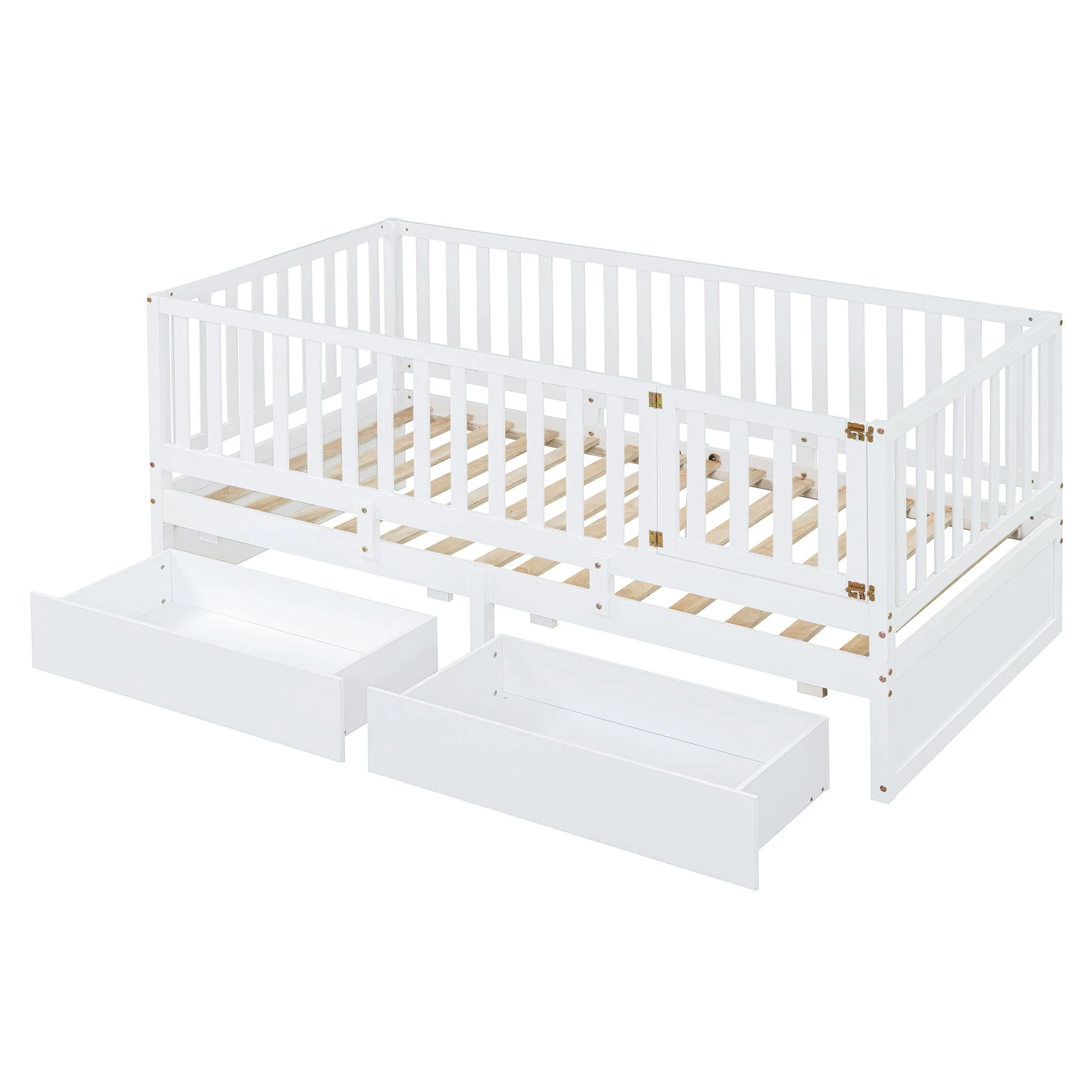 Daybed With Fence Guardrails And 2 Drawers, Split Into Independent Floor Bed & Daybed - Image 4