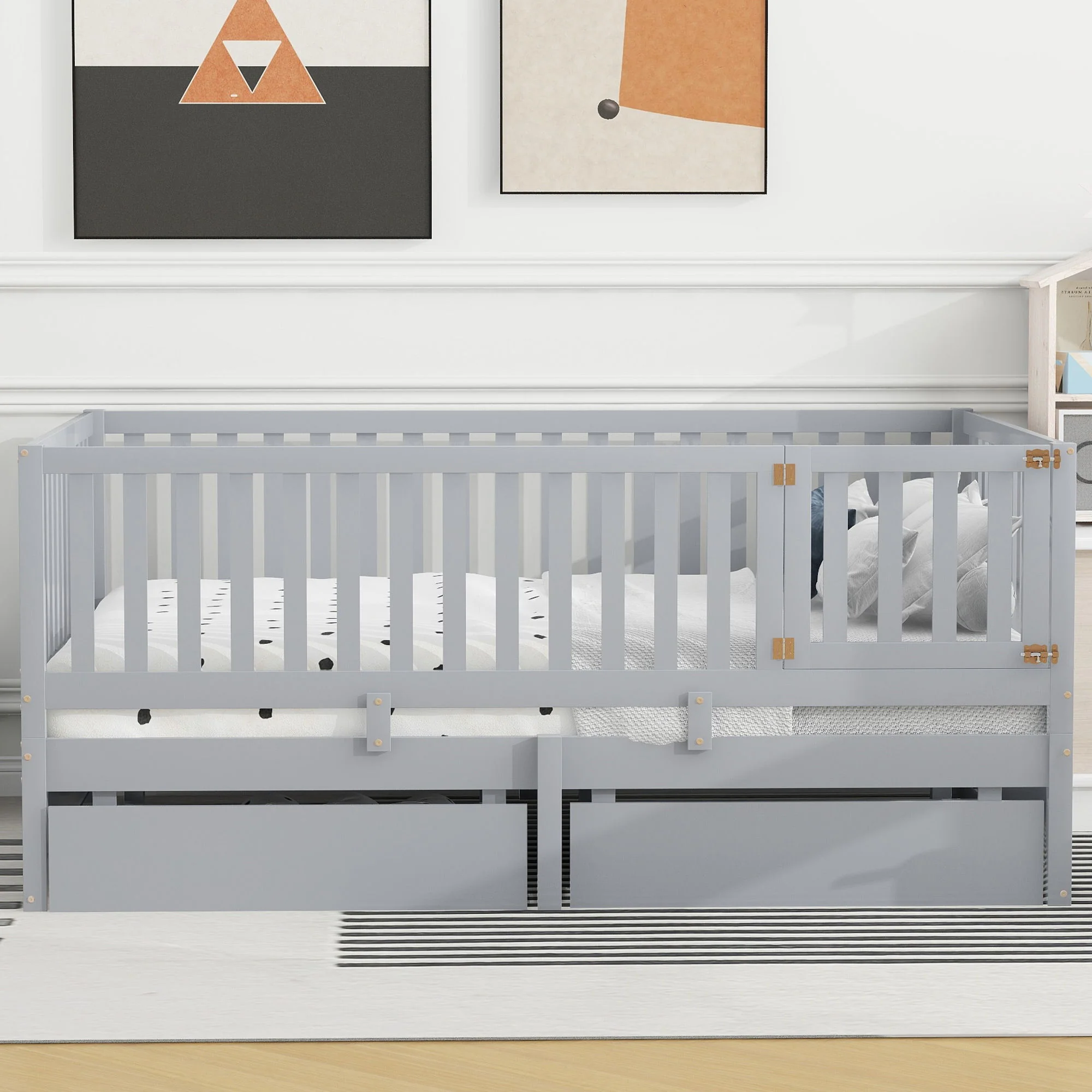 Daybed With Fence Guardrails And 2 Drawers, Split Into Independent Floor Bed & Daybed - Image 48