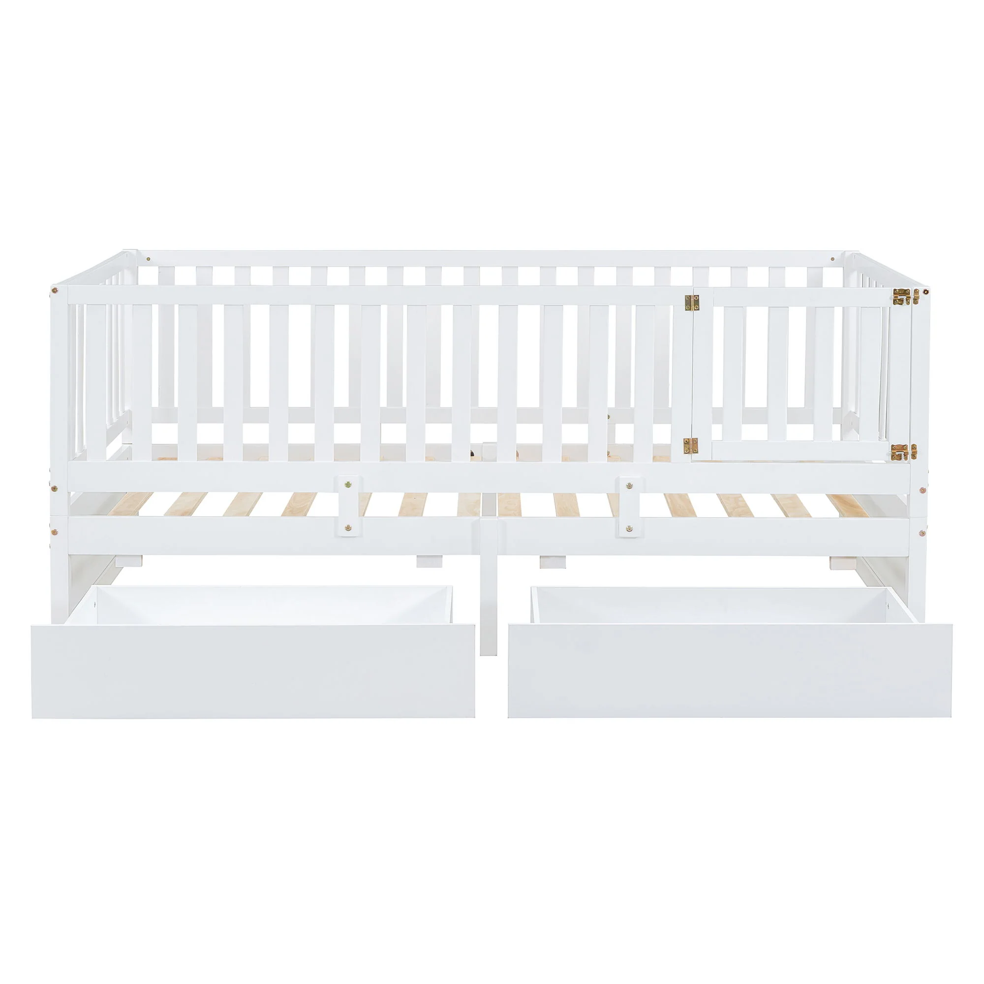 Daybed With Fence Guardrails And 2 Drawers, Split Into Independent Floor Bed & Daybed - Image 49