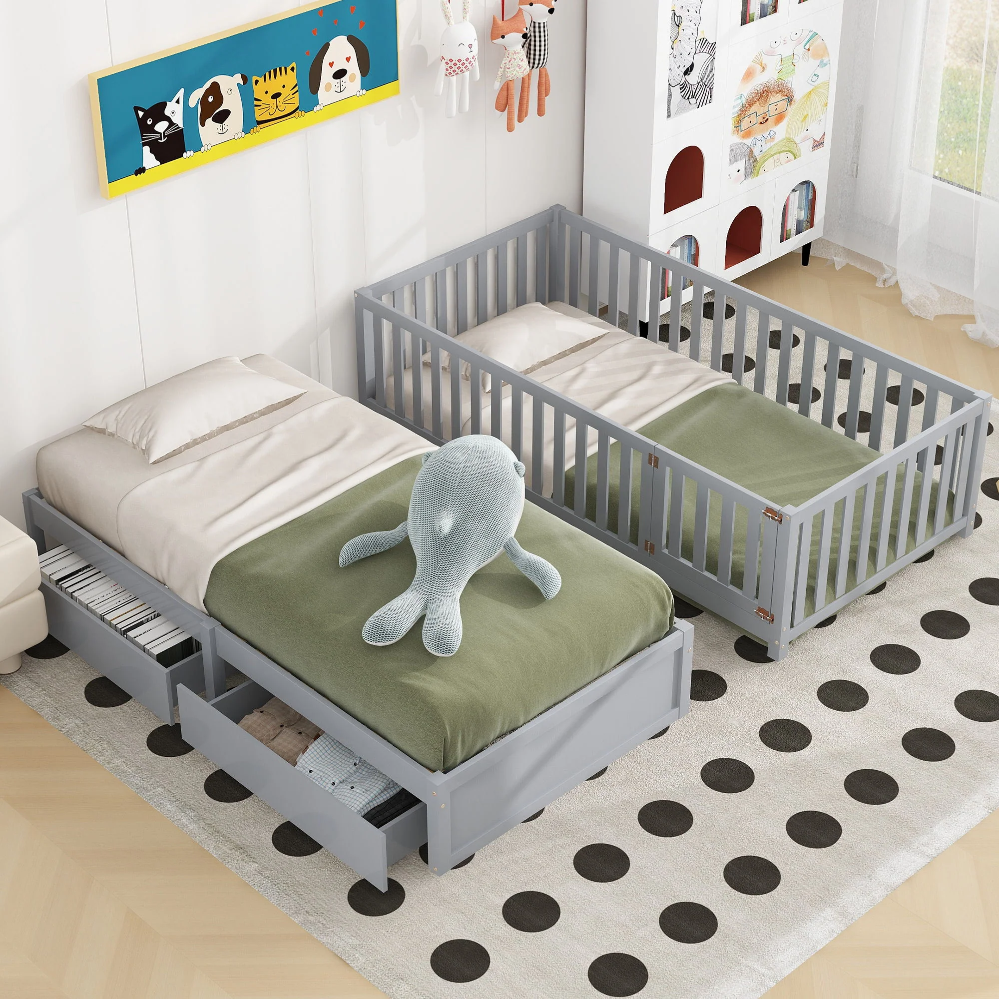 Daybed With Fence Guardrails And 2 Drawers, Split Into Independent Floor Bed & Daybed - Image 7