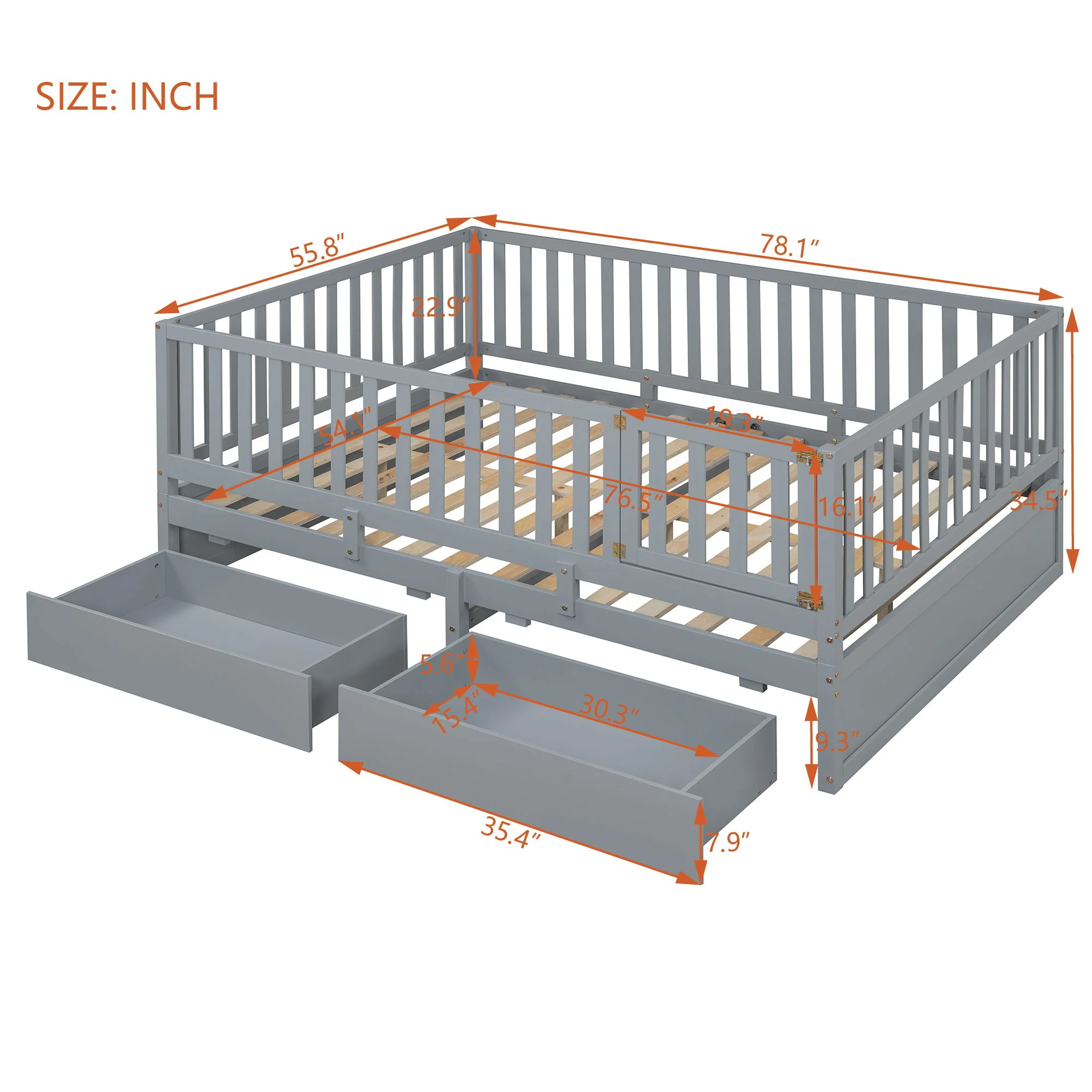 Daybed With Fence Guardrails And 2 Drawers, Split Into Independent Floor Bed & Daybed - Image 9