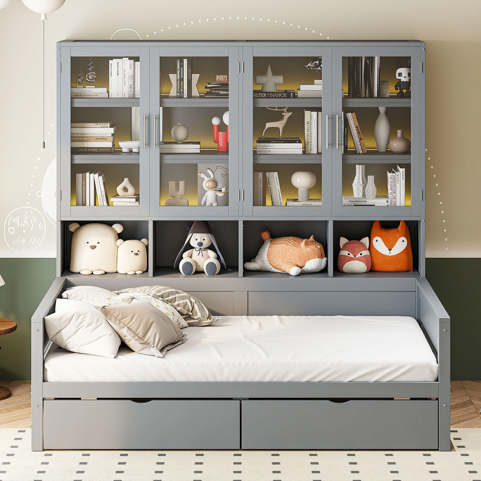 Daybed With Glass Door Storage Cabinets, Built In LED Lighting And Shelves - Image 8