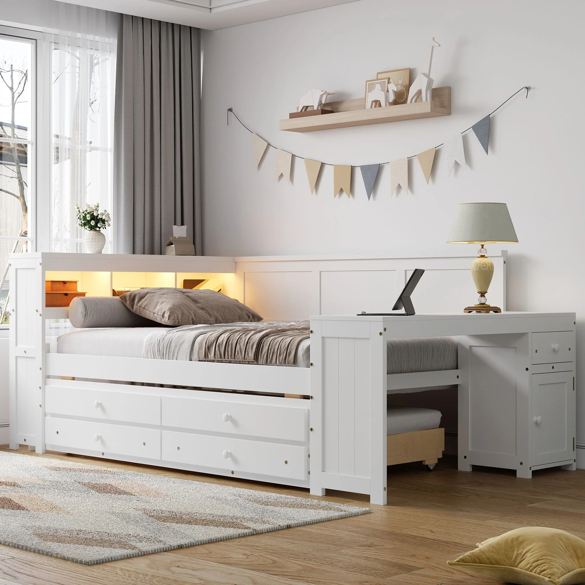Daybed With Storage Shelves, Drawers, Trundle, Charging Station, LED Light, Desk And Cabinet - Image 11