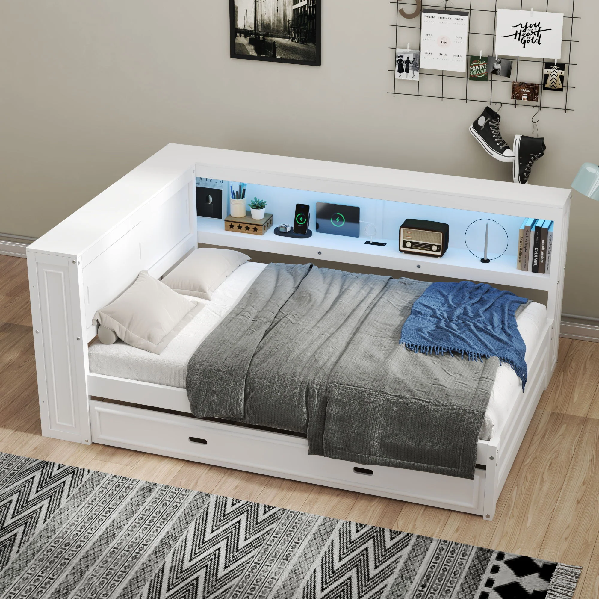 Daybed With Storage Shelves, LED, USB, And Trundle - Image 16