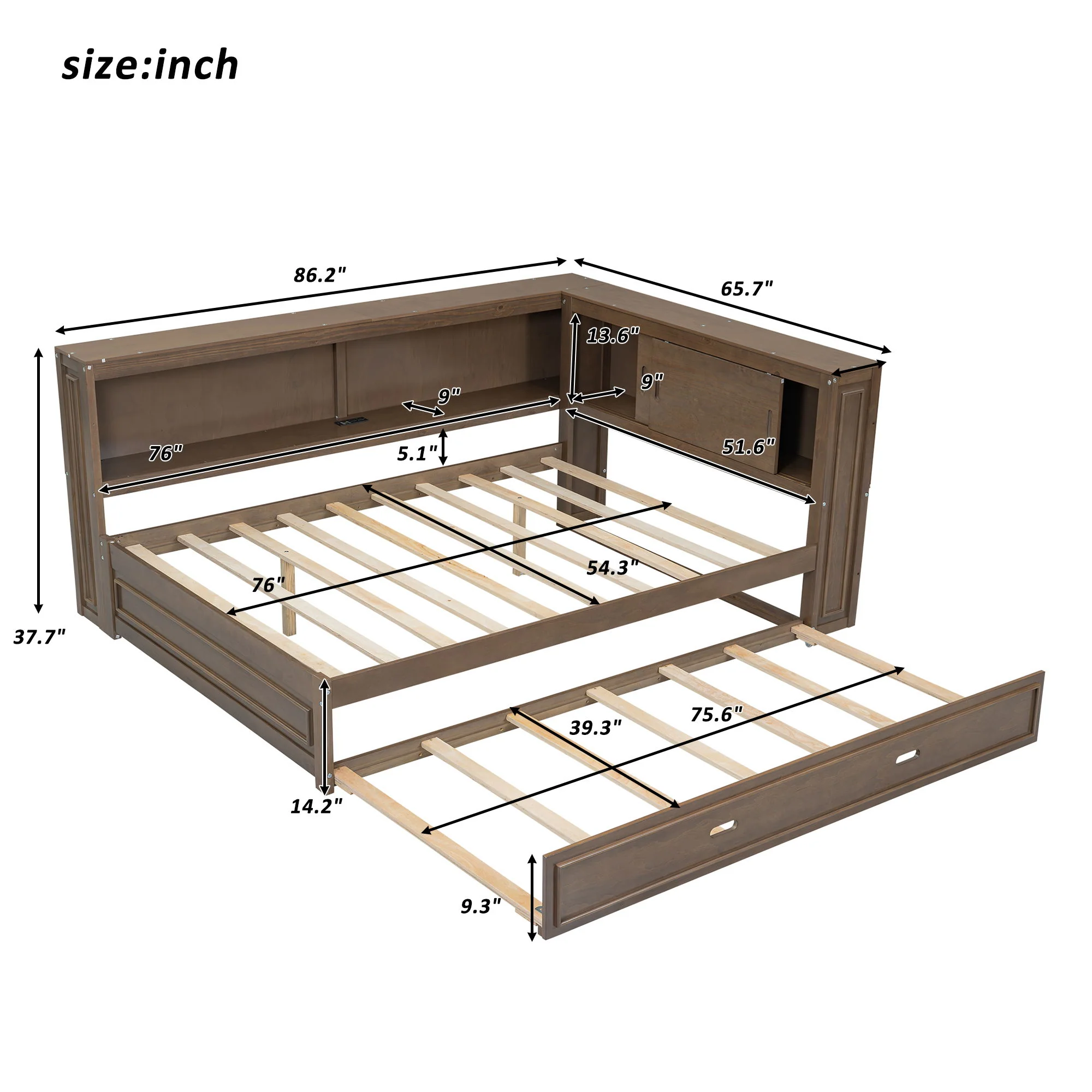 Daybed With Storage Shelves, LED, USB, And Trundle - Image 7
