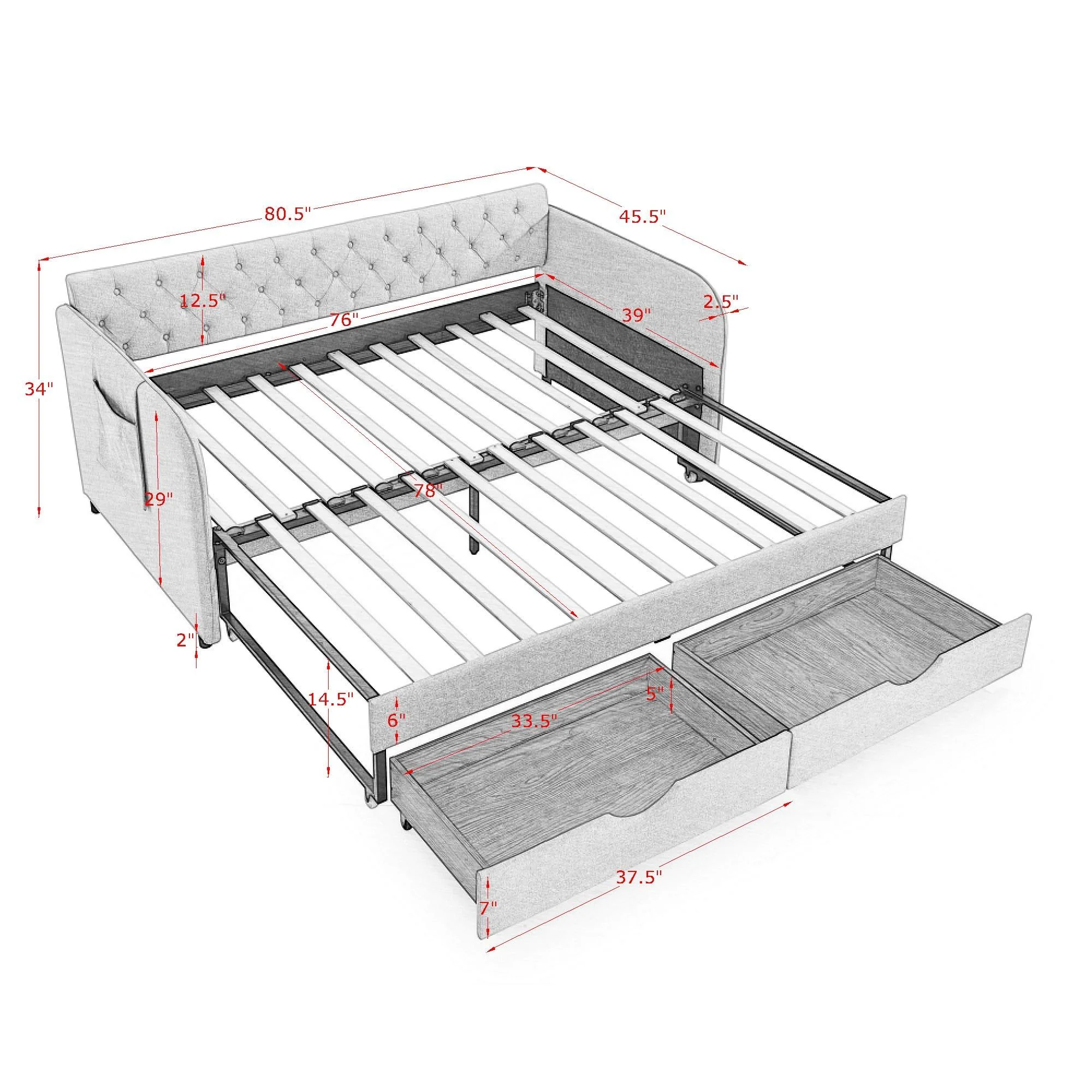 Daybed With Trundle And Storage Drawers, Flat Arms With Pocket - Image 19